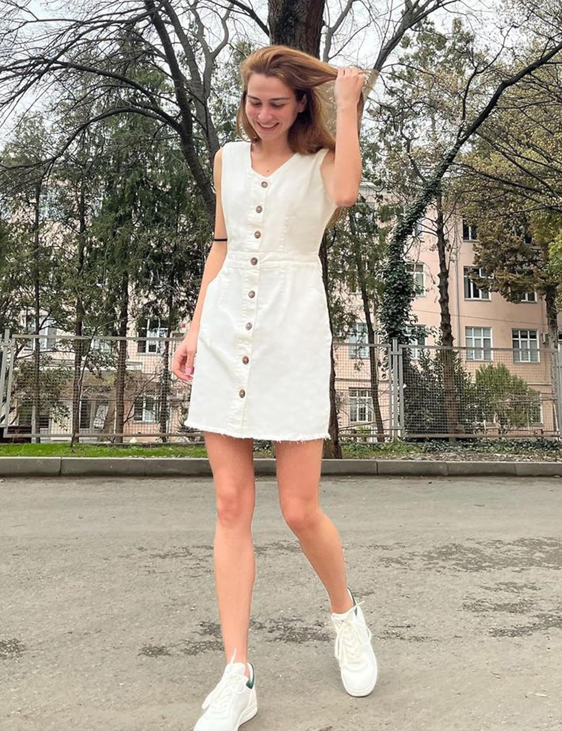 luvamia Women's Casual V Neck Sleeveless Jeans Button Down Denim Short Dress