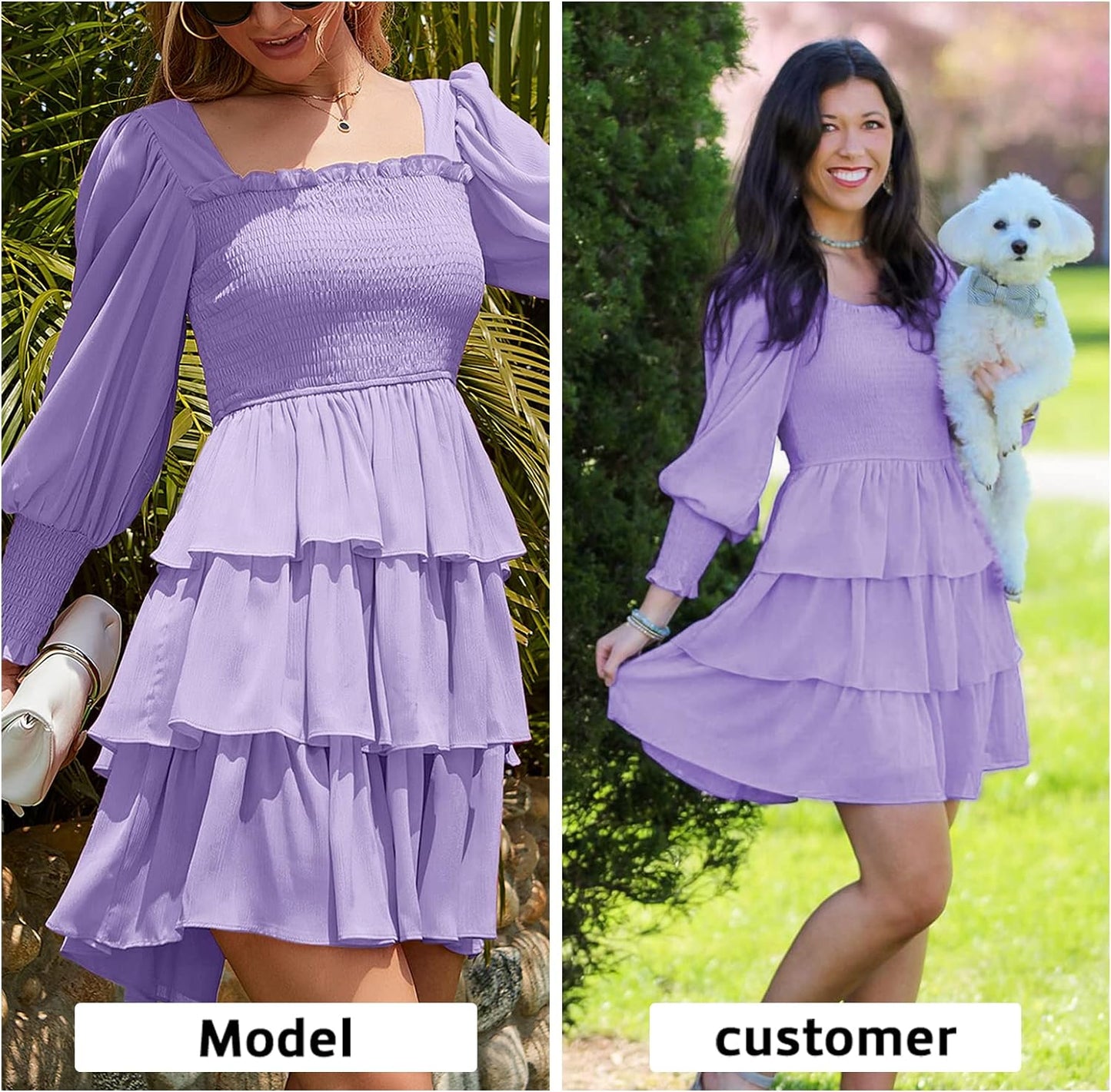 Byinns Women's 2024 Square Neck Ruffle Dress Long Sleeve Floral Print Tiered Tie Back Layered Swing Mini Dress