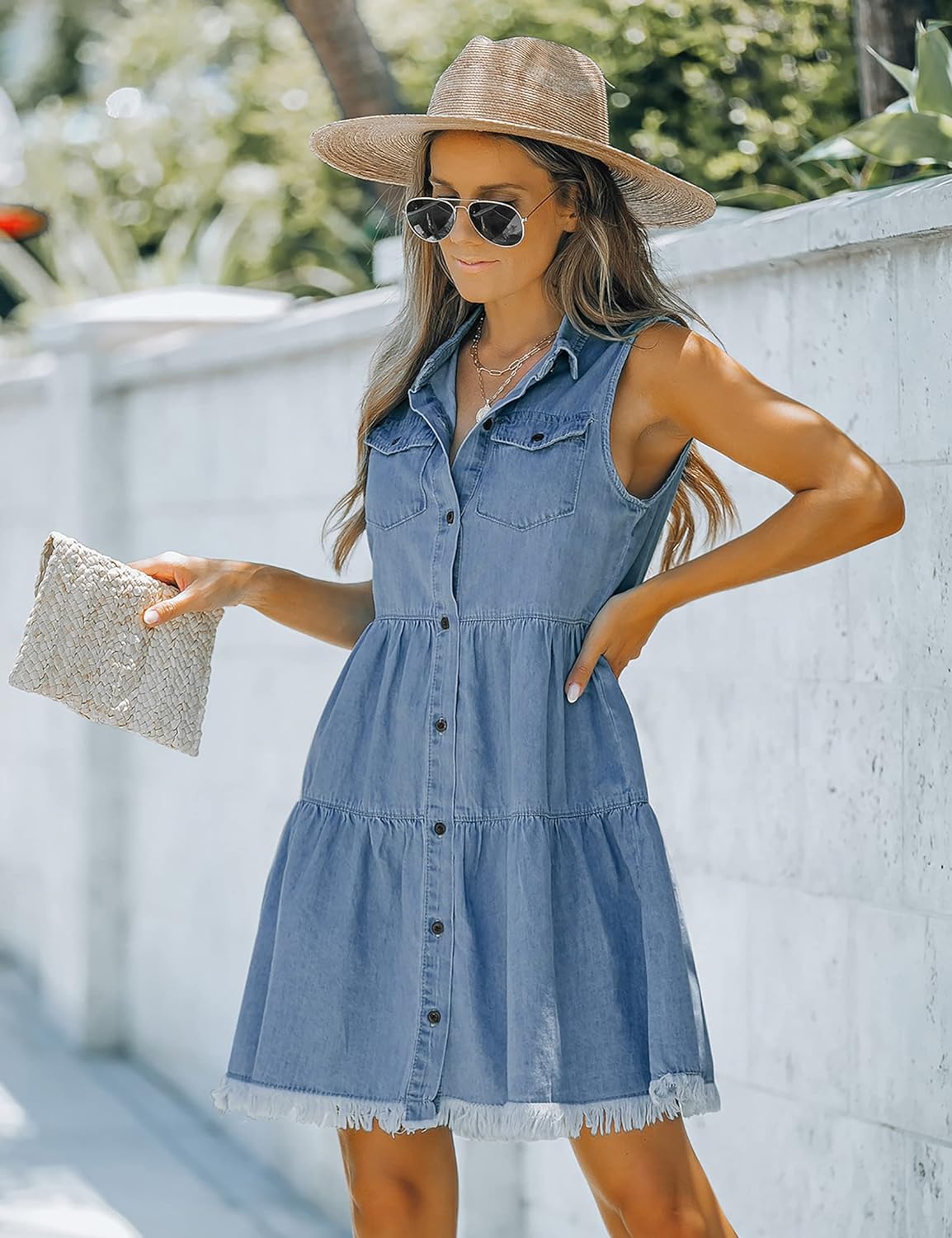 luvamia Women's Casual Summer Lapel Sleeveless Button Down Short Denim Jean Dress