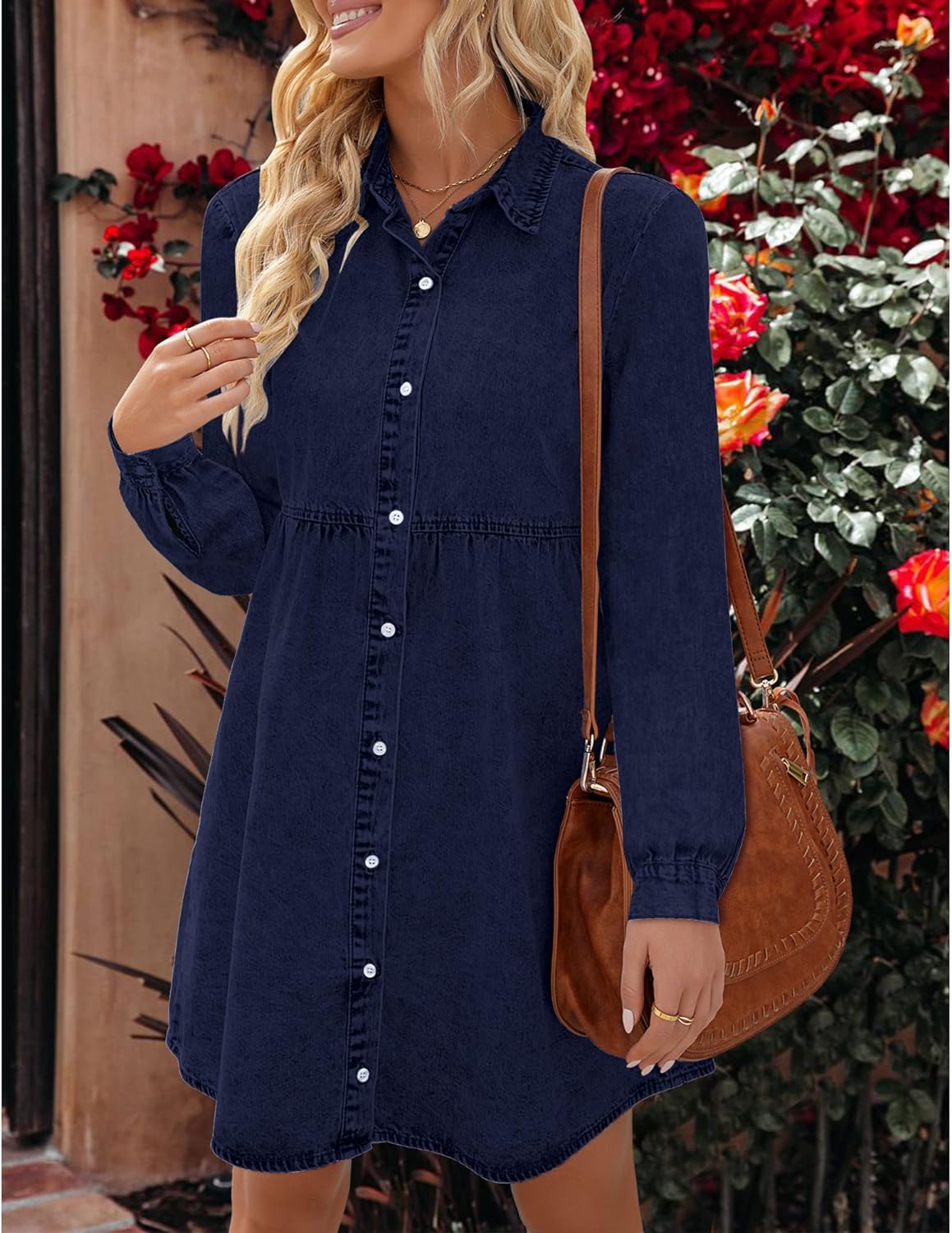luvamia Denim Dress for Women Babydoll Flowy Cute Jean Shirt Dresses Long Sleeves