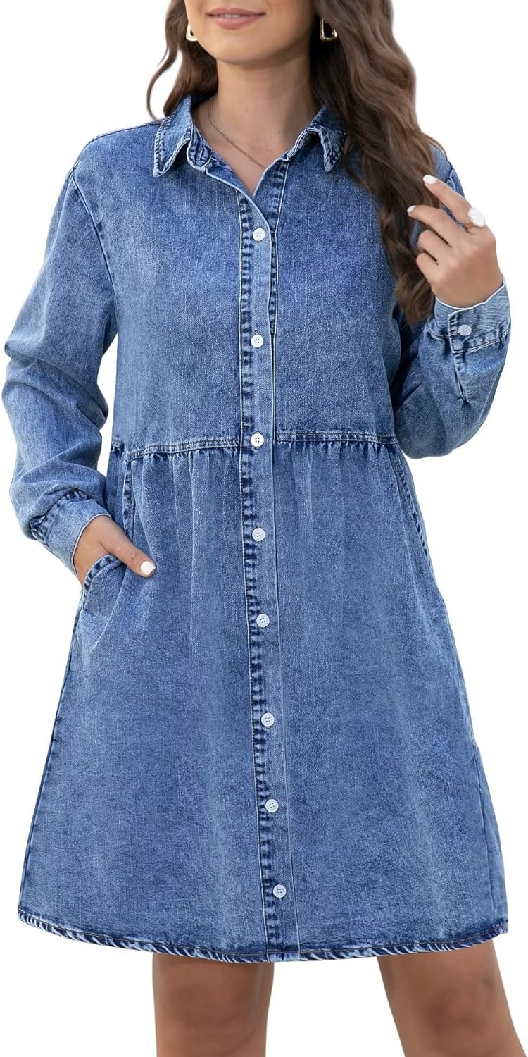 KDF Denim Dress for Women with Pockets Short Sleeve Babydoll Denim Shirt Dresses for Women 2023
