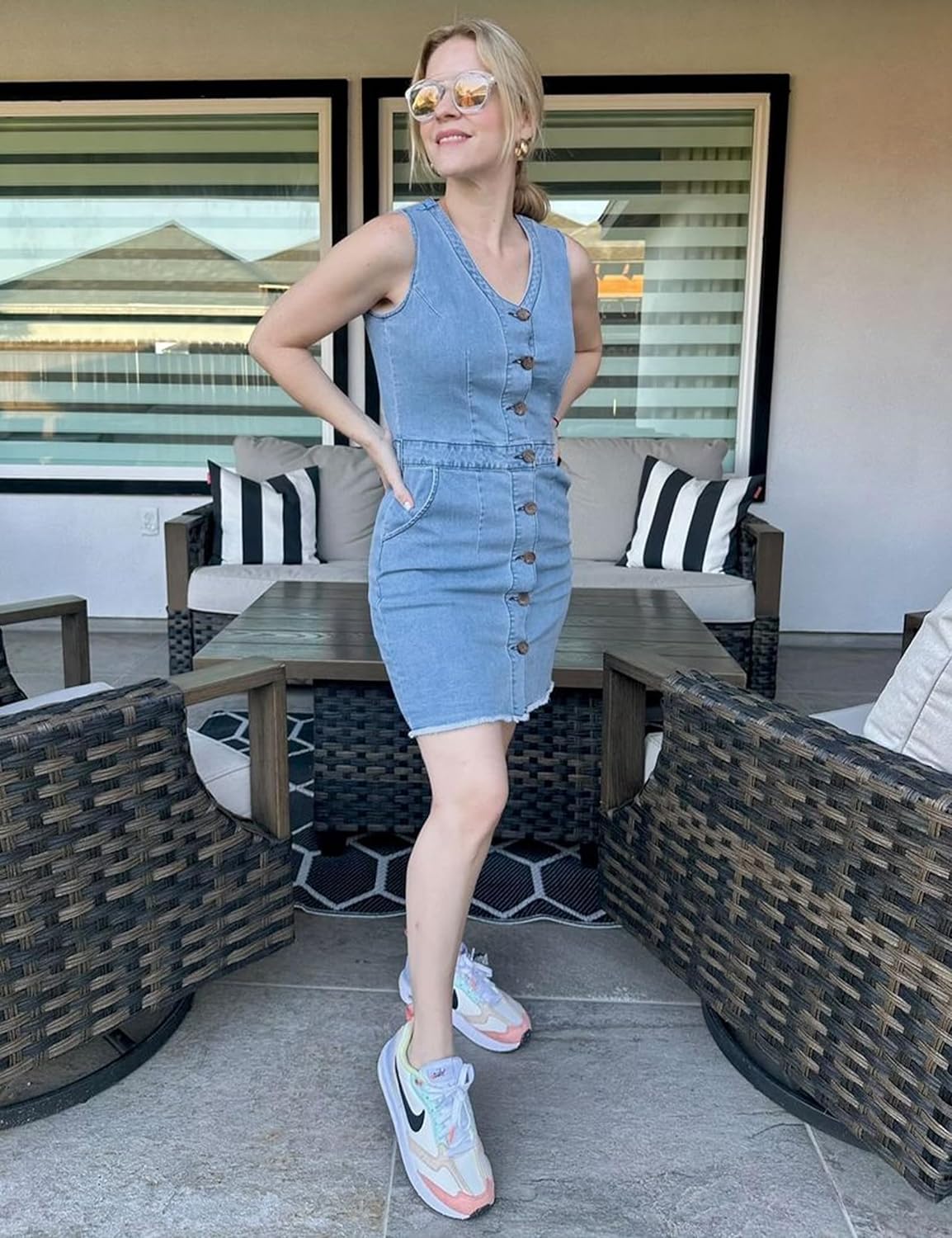 luvamia Women's Casual V Neck Sleeveless Jeans Button Down Denim Short Dress