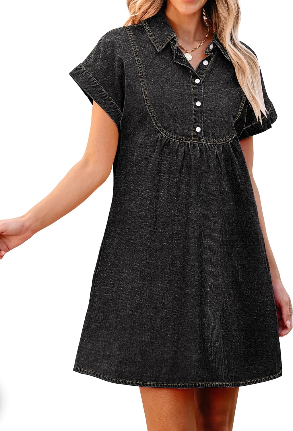 luvamia Denim Dress for Women Summer Short Sleeve Button Down Collared Pleated Western Jean Dresses with Pockets Relaxed