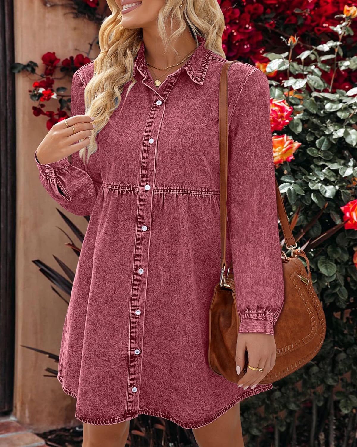 luvamia Denim Dress for Women Babydoll Flowy Cute Jean Shirt Dresses Long Sleeves