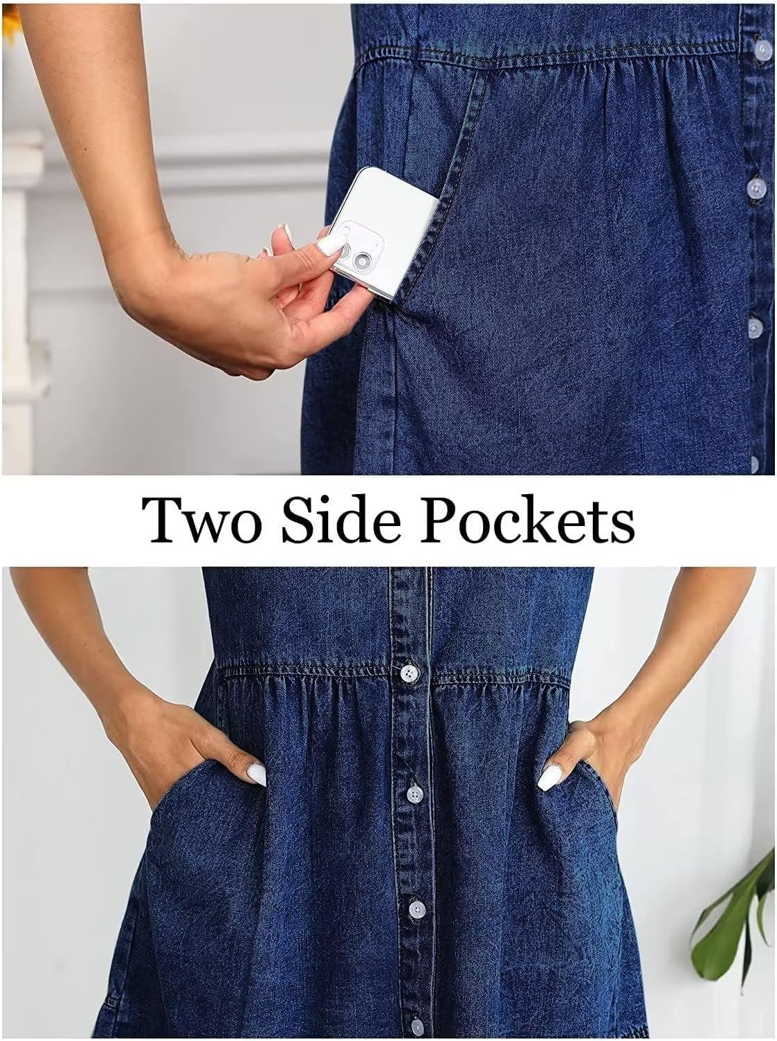 KDF Denim Dress for Women with Pockets Short Sleeve Babydoll Denim Shirt Dresses for Women 2023