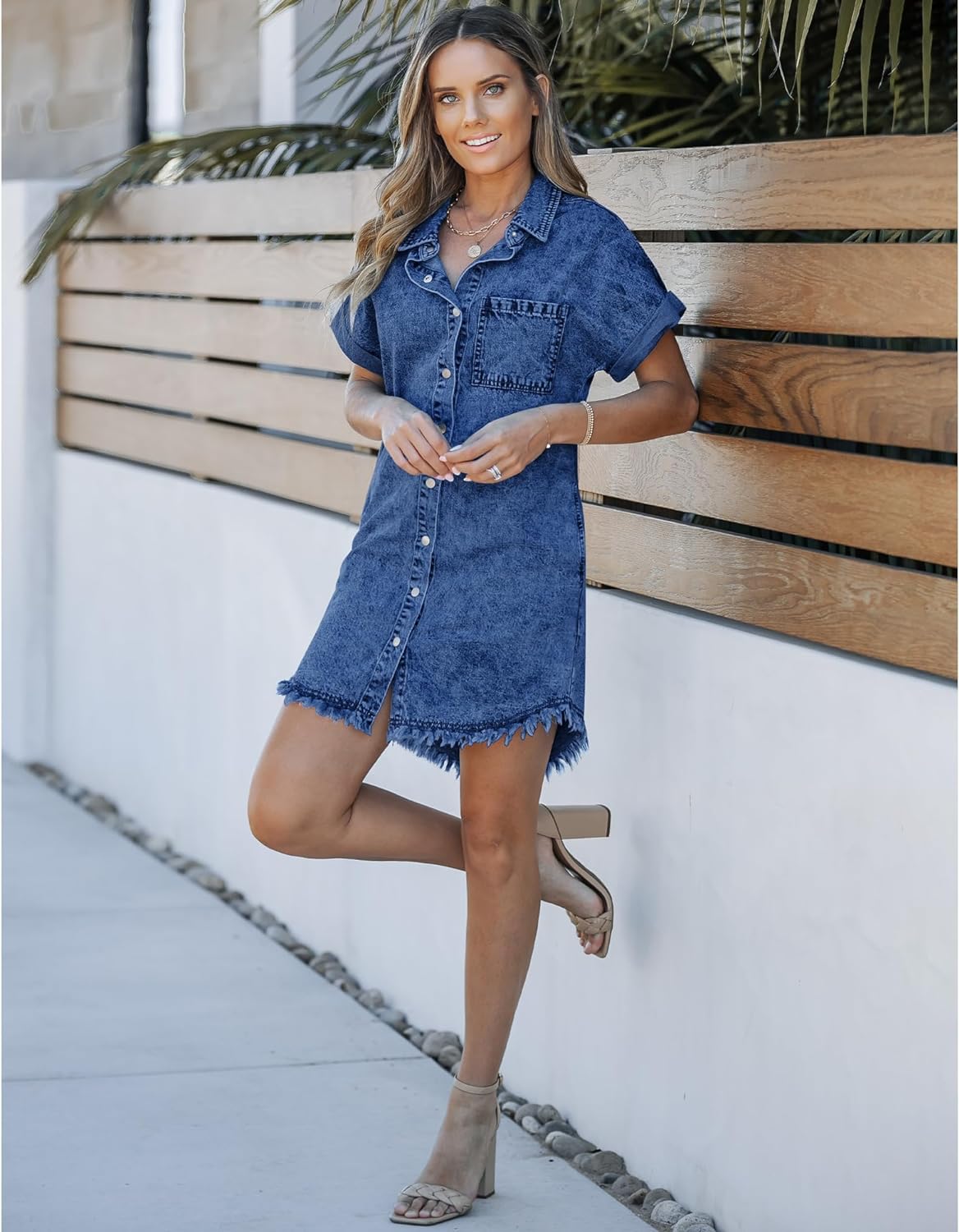 luvamia Denim Dress for Women Button Down Short Sleeves Casual Summer Jean Shirt Dresses with Pockets Frayed Hem