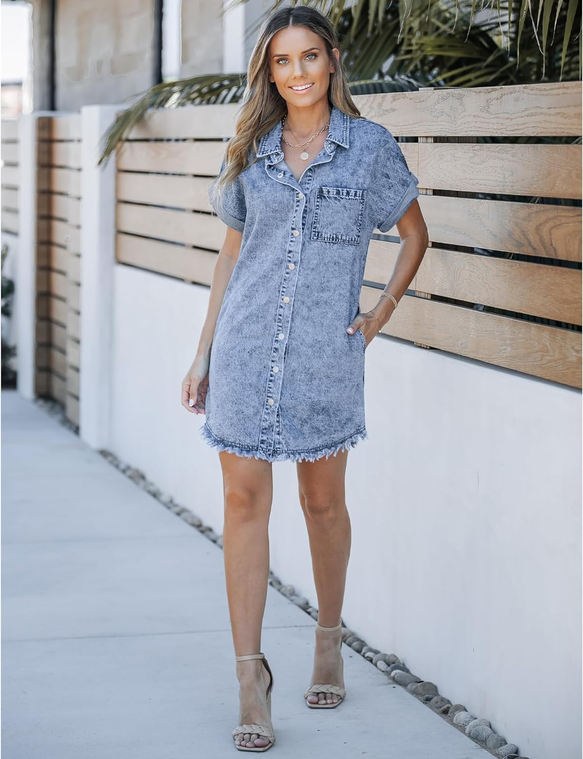 luvamia Denim Dress for Women Button Down Short Sleeves Casual Summer Jean Shirt Dresses with Pockets Frayed Hem