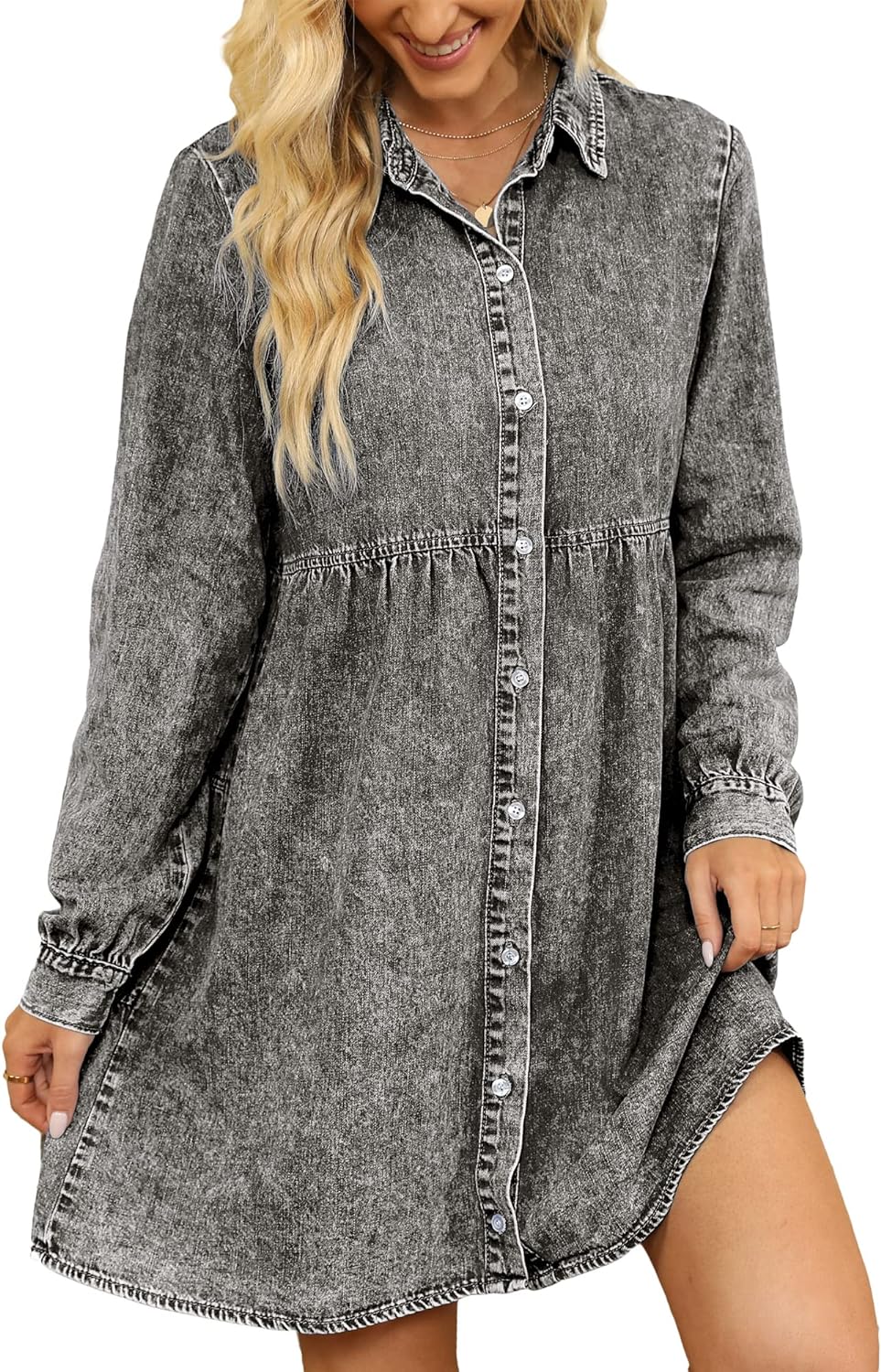 luvamia Denim Dress for Women Babydoll Flowy Cute Jean Shirt Dresses Long Sleeves