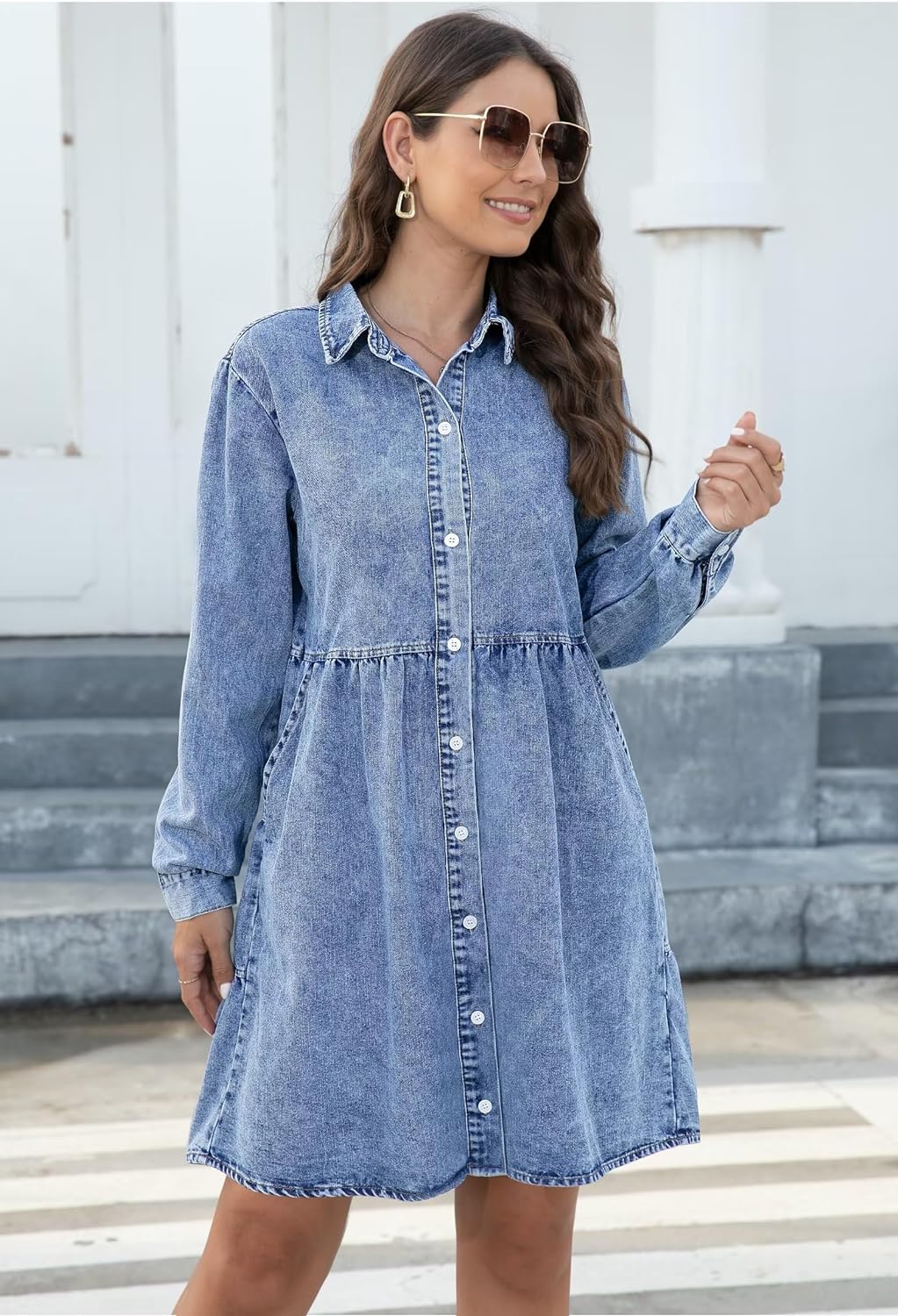 KDF Denim Dress for Women with Pockets Short Sleeve Babydoll Denim Shirt Dresses for Women 2023