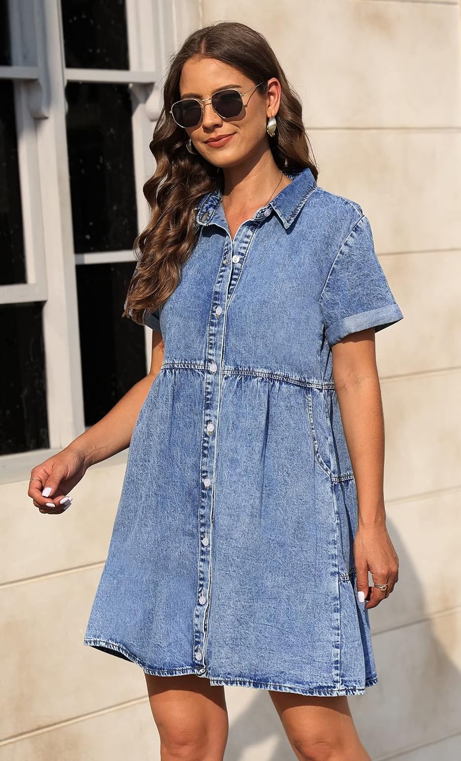 KDF Denim Dress for Women with Pockets Short Sleeve Babydoll Denim Shirt Dresses for Women 2023