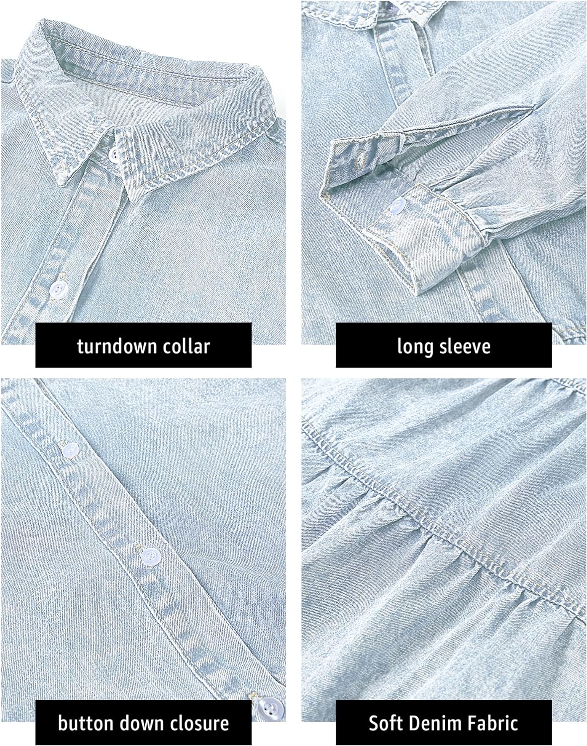 luvamia Denim Dress for Women Babydoll Flowy Cute Jean Shirt Dresses Long Sleeves