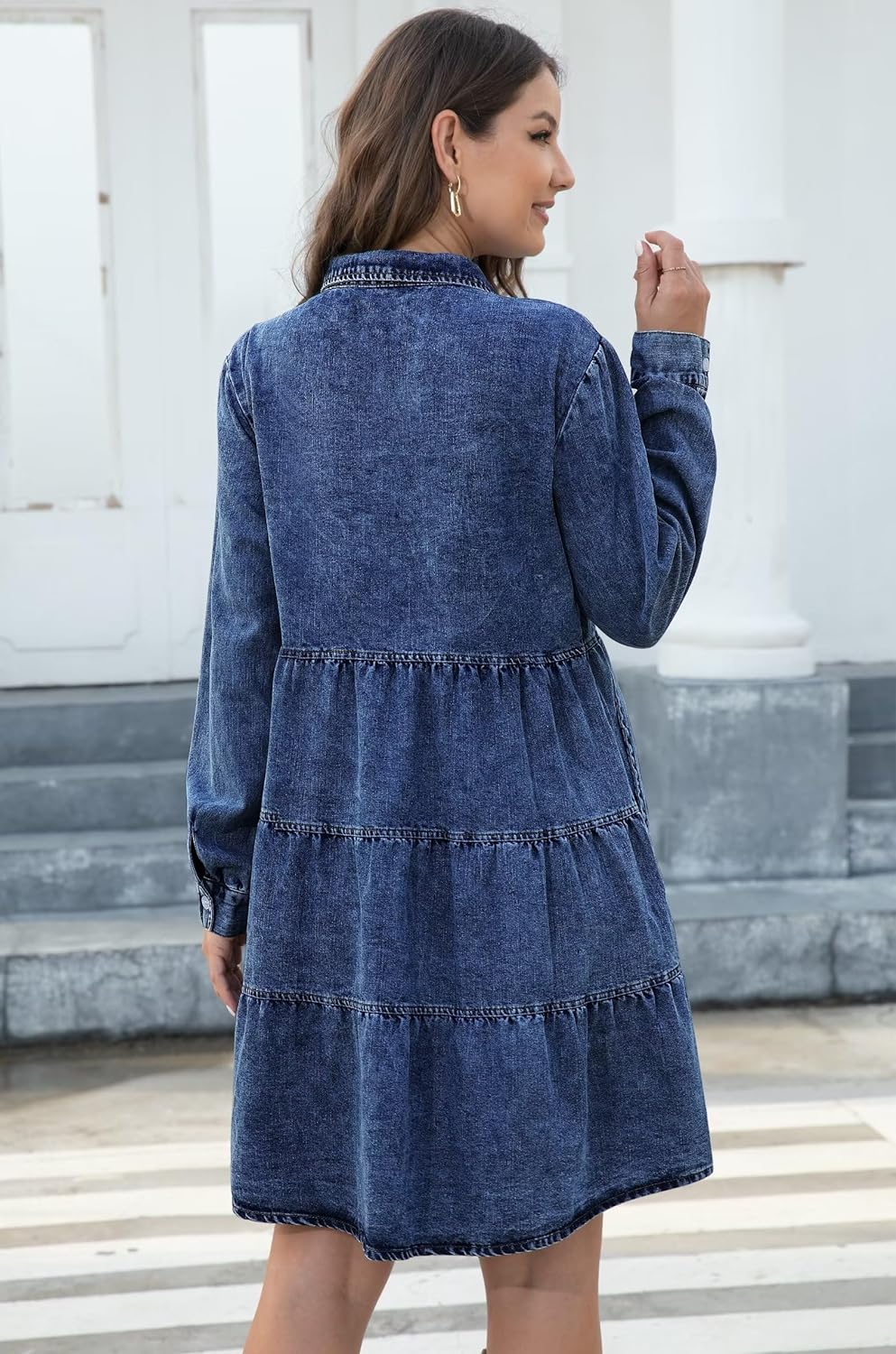 KDF Denim Dress for Women with Pockets Short Sleeve Babydoll Denim Shirt Dresses for Women 2023
