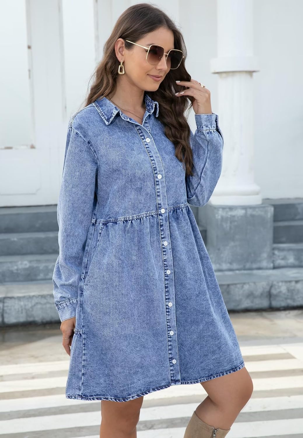 KDF Denim Dress for Women with Pockets Short Sleeve Babydoll Denim Shirt Dresses for Women 2023