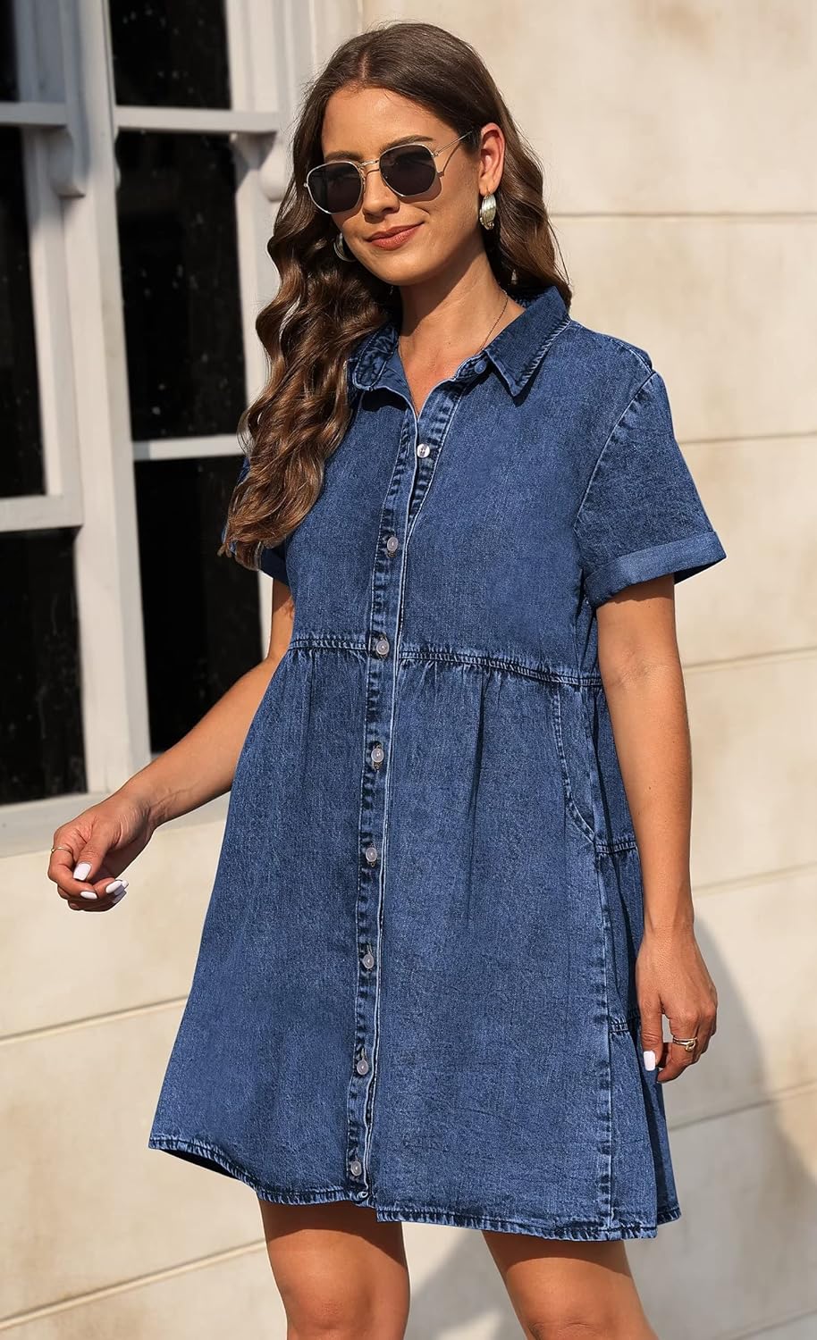 KDF Denim Dress for Women with Pockets Short Sleeve Babydoll Denim Shirt Dresses for Women 2023