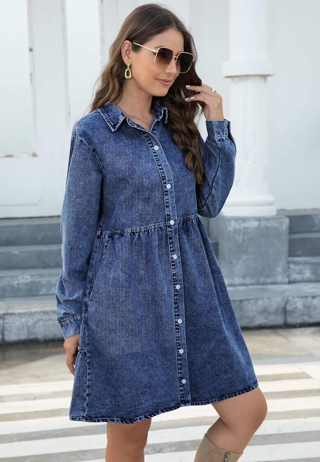KDF Denim Dress for Women with Pockets Short Sleeve Babydoll Denim Shirt Dresses for Women 2023