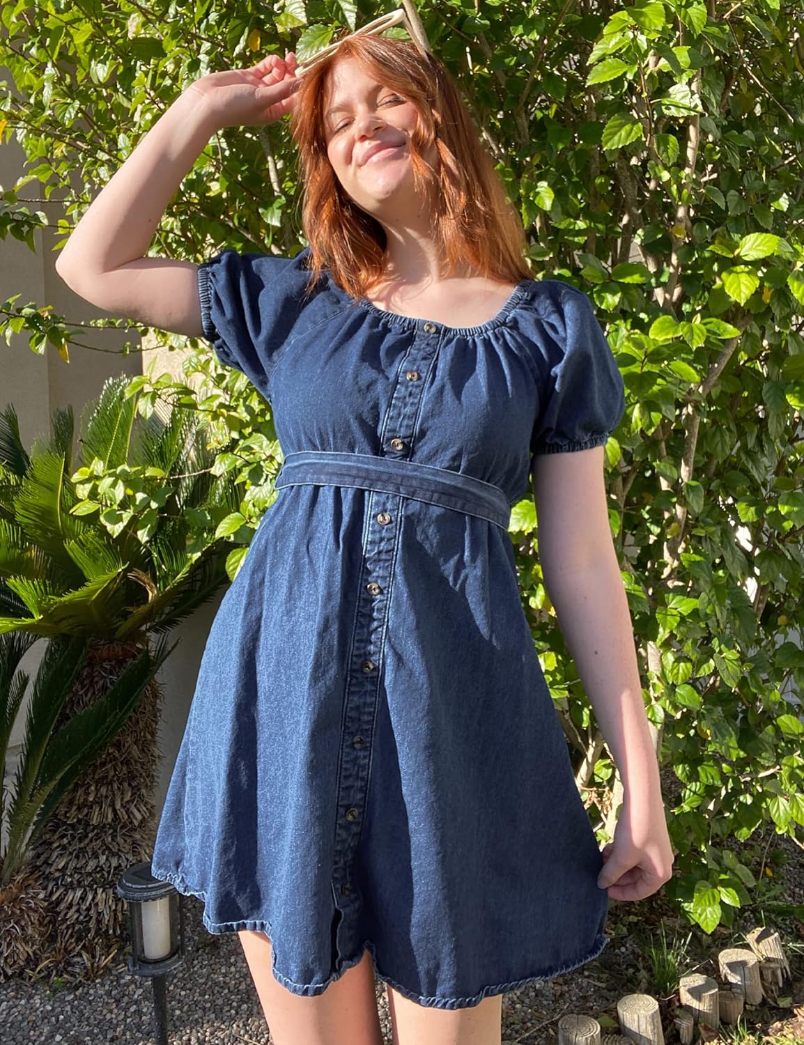 luvamia Denim Dress for Women Off The Shoulder Dresses Puff Sleeve Elastic Waist A Line Short Western Jean Dress Belted