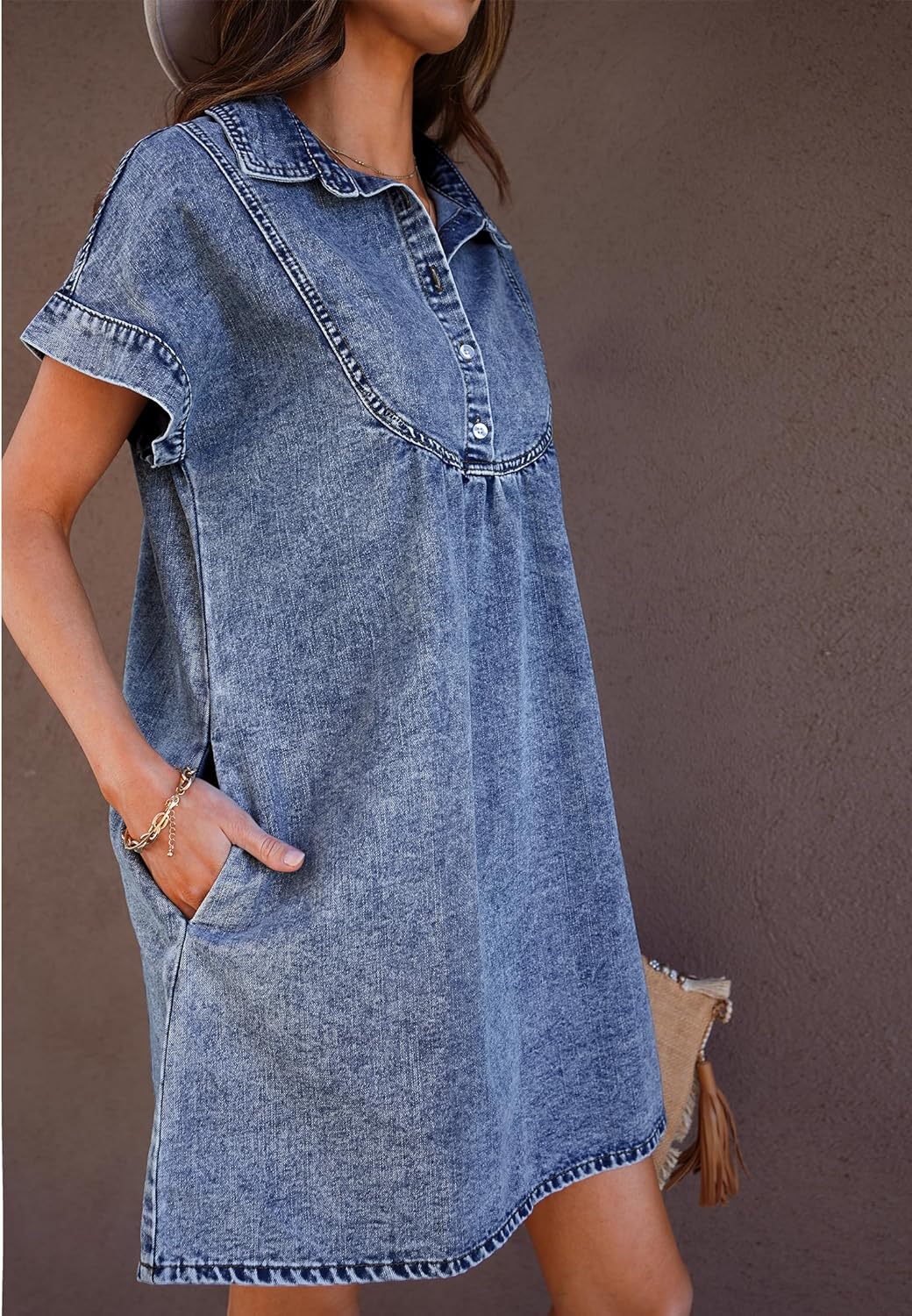 luvamia Denim Dress for Women Summer Short Sleeve Button Down Collared Pleated Western Jean Dresses with Pockets Relaxed