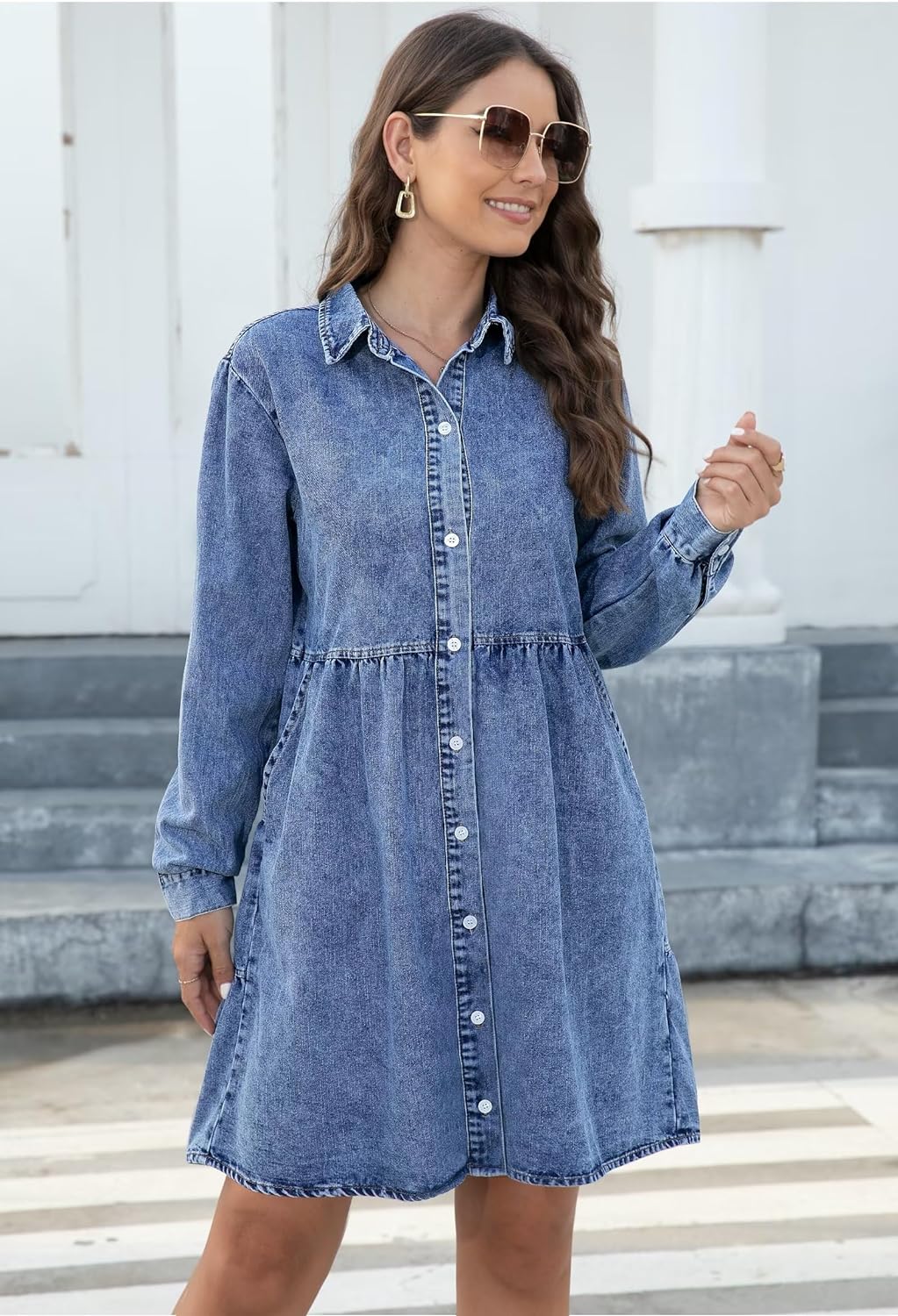 KDF Denim Dress for Women with Pockets Short Sleeve Babydoll Denim Shirt Dresses for Women 2023