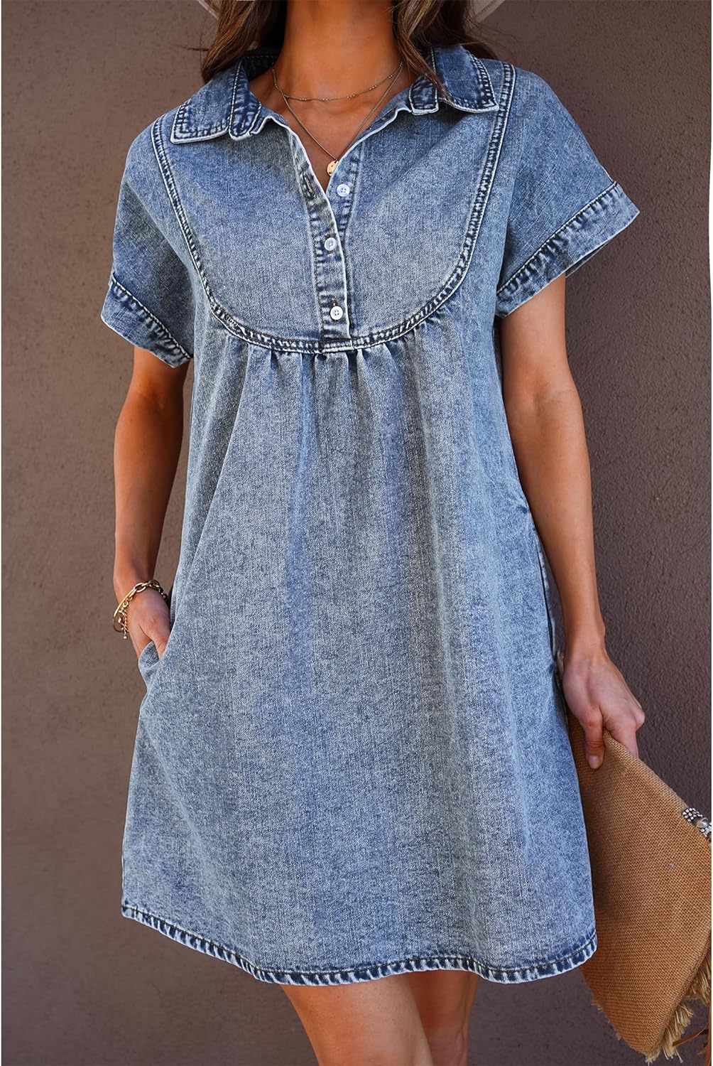 luvamia Denim Dress for Women Summer Short Sleeve Button Down Collared Pleated Western Jean Dresses with Pockets Relaxed