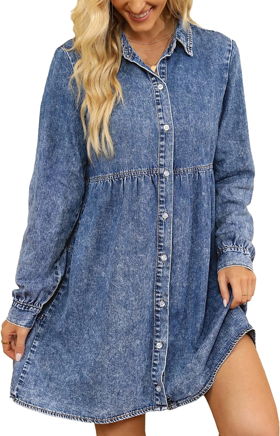 luvamia Denim Dress for Women Babydoll Flowy Cute Jean Shirt Dresses Long Sleeves