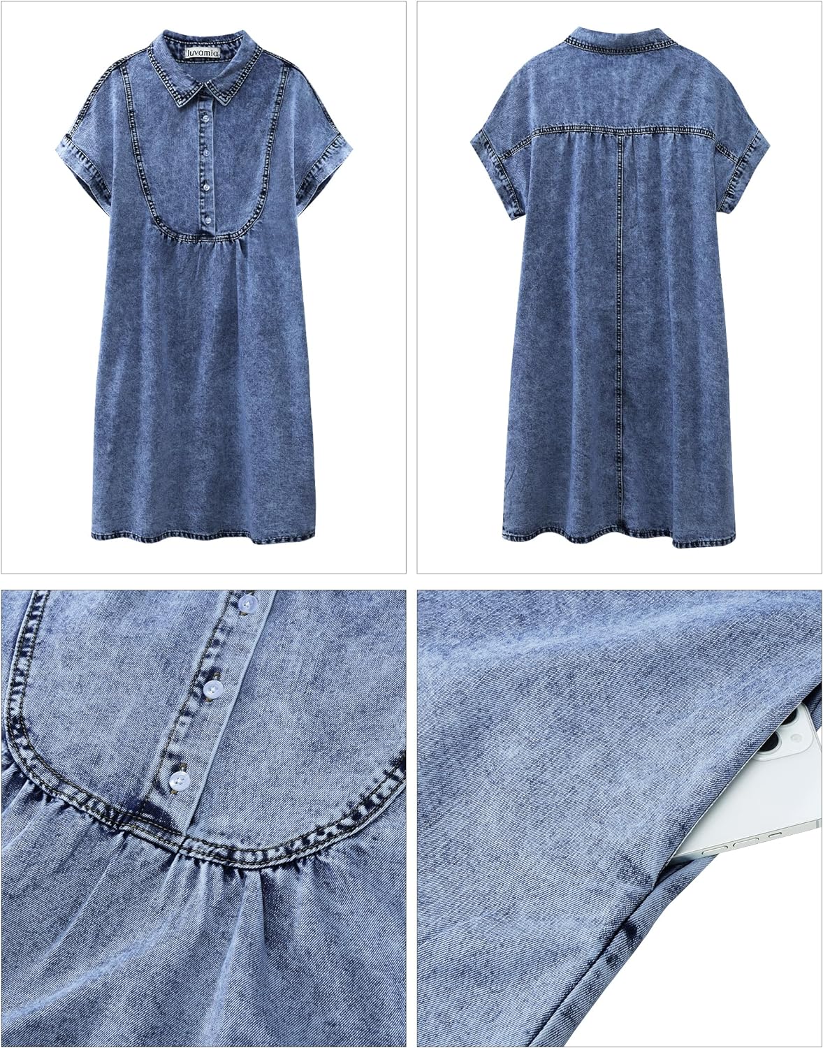 luvamia Denim Dress for Women Summer Short Sleeve Button Down Collared Pleated Western Jean Dresses with Pockets Relaxed