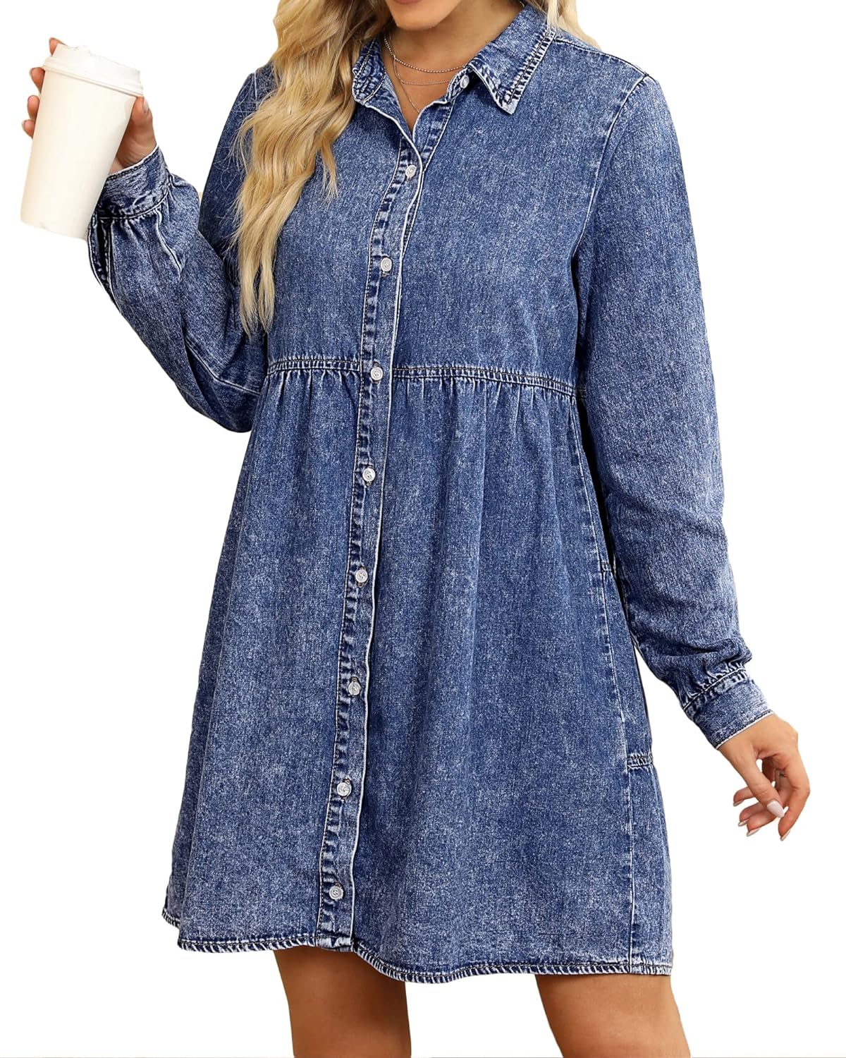 luvamia Denim Dress for Women Babydoll Flowy Cute Jean Shirt Dresses Long Sleeves
