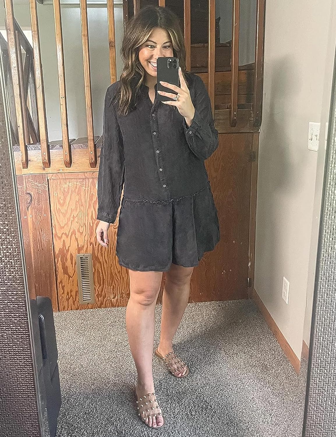 luvamia Denim Dress for Women Long Sleeve Shift Button Down Ruffle Jean Dresses Chambray Western Short Dresses Pockets