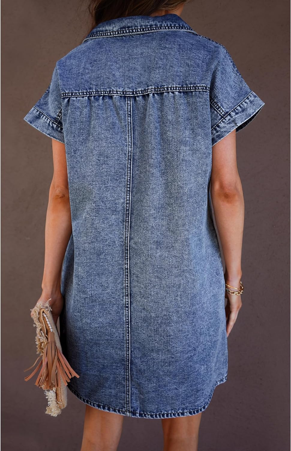 luvamia Denim Dress for Women Summer Short Sleeve Button Down Collared Pleated Western Jean Dresses with Pockets Relaxed