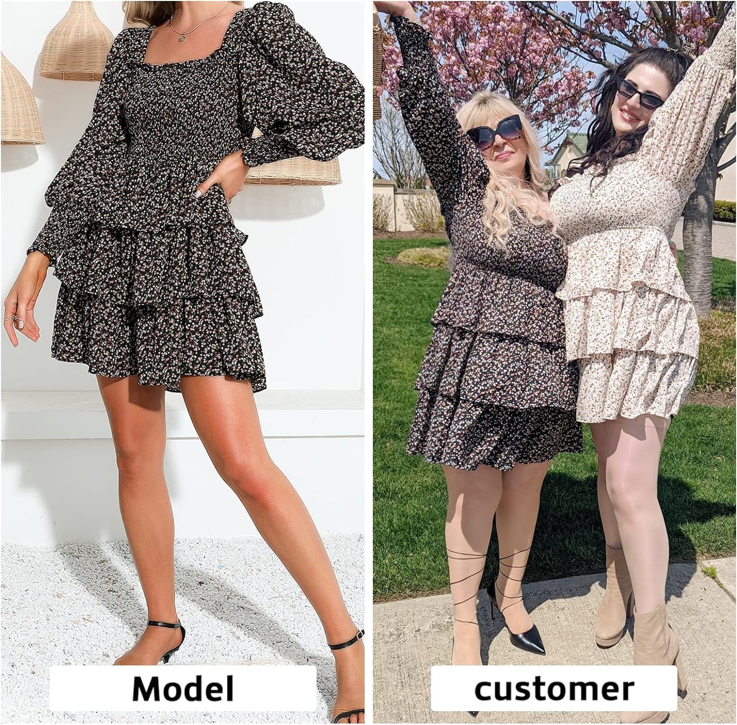 Byinns Women's 2024 Square Neck Ruffle Dress Long Sleeve Floral Print Tiered Tie Back Layered Swing Mini Dress