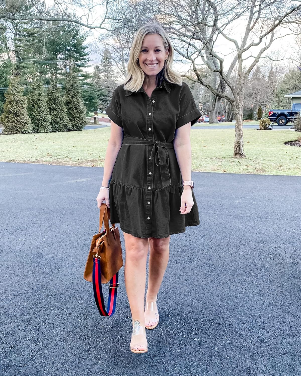 GRAPENT Denim Dress for Women Summer Button Down Belted Short Dresses Flowy Western Casual Jean Dress