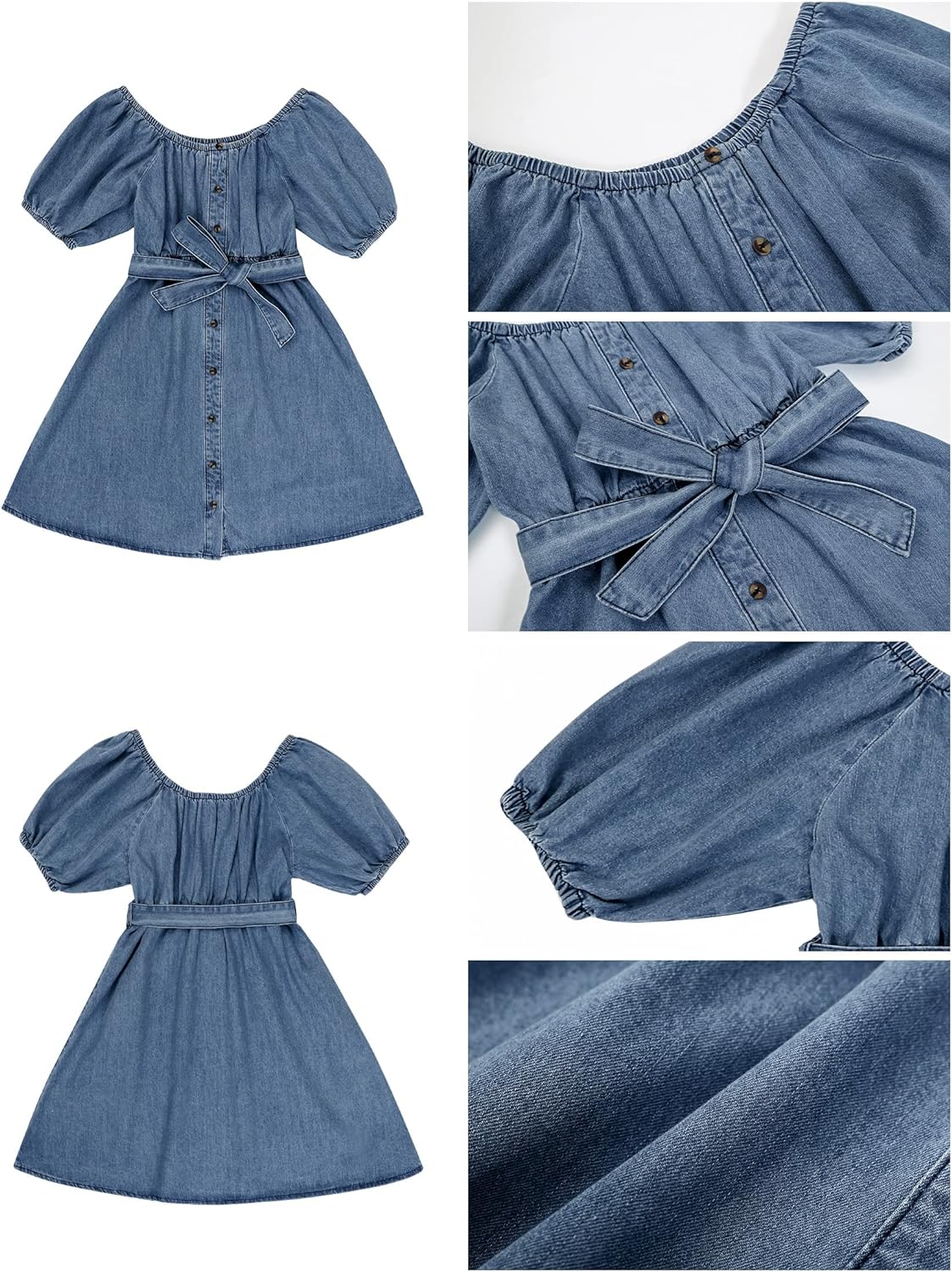 luvamia Denim Dress for Women Off The Shoulder Dresses Puff Sleeve Elastic Waist A Line Short Western Jean Dress Belted