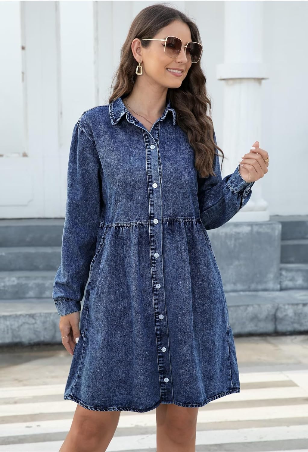 KDF Denim Dress for Women with Pockets Short Sleeve Babydoll Denim Shirt Dresses for Women 2023