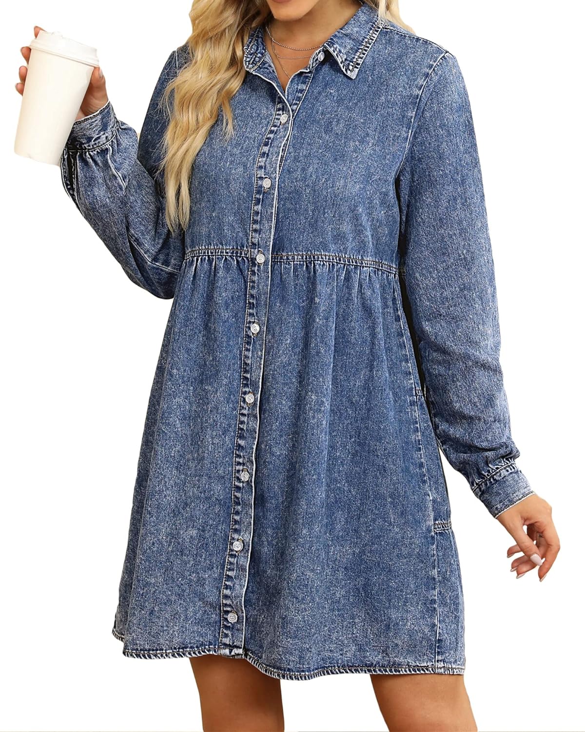 luvamia Denim Dress for Women Babydoll Flowy Cute Jean Shirt Dresses Long Sleeves
