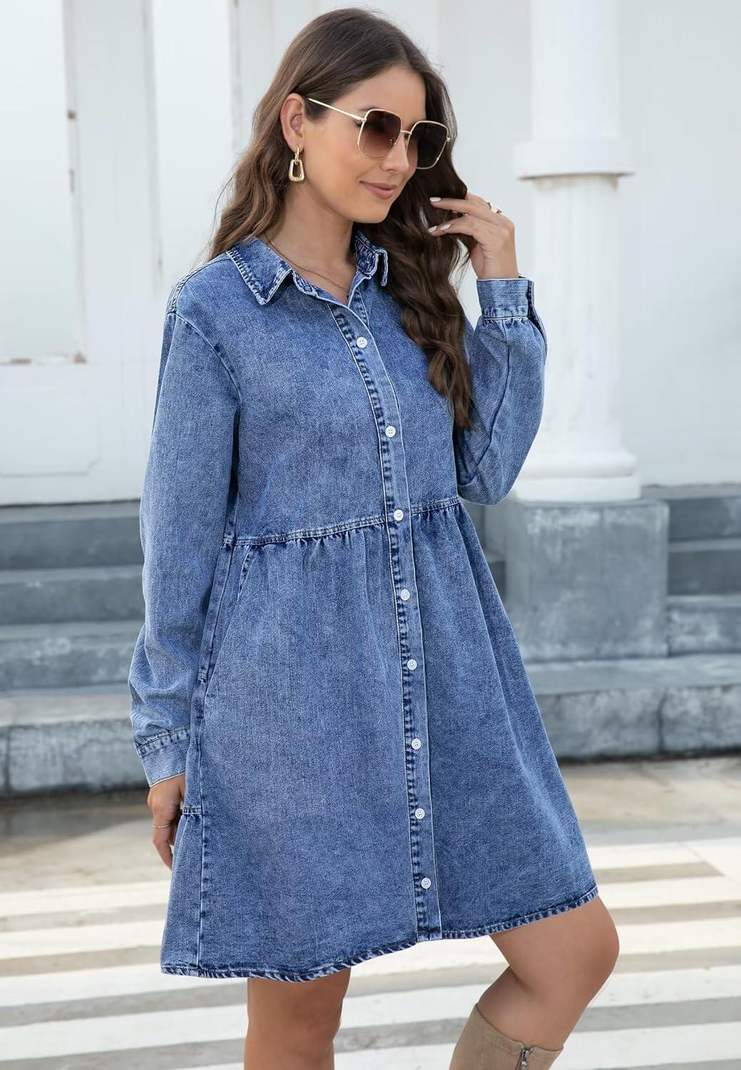 KDF Denim Dress for Women with Pockets Short Sleeve Babydoll Denim Shirt Dresses for Women 2023