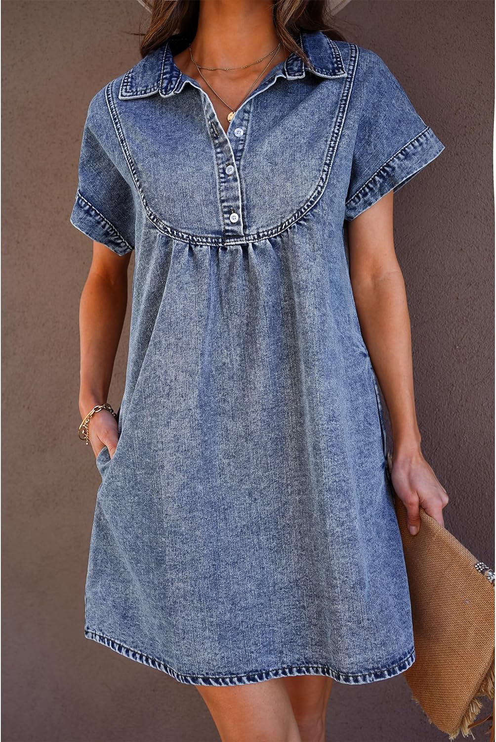 luvamia Denim Dress for Women Summer Short Sleeve Button Down Collared Pleated Western Jean Dresses with Pockets Relaxed