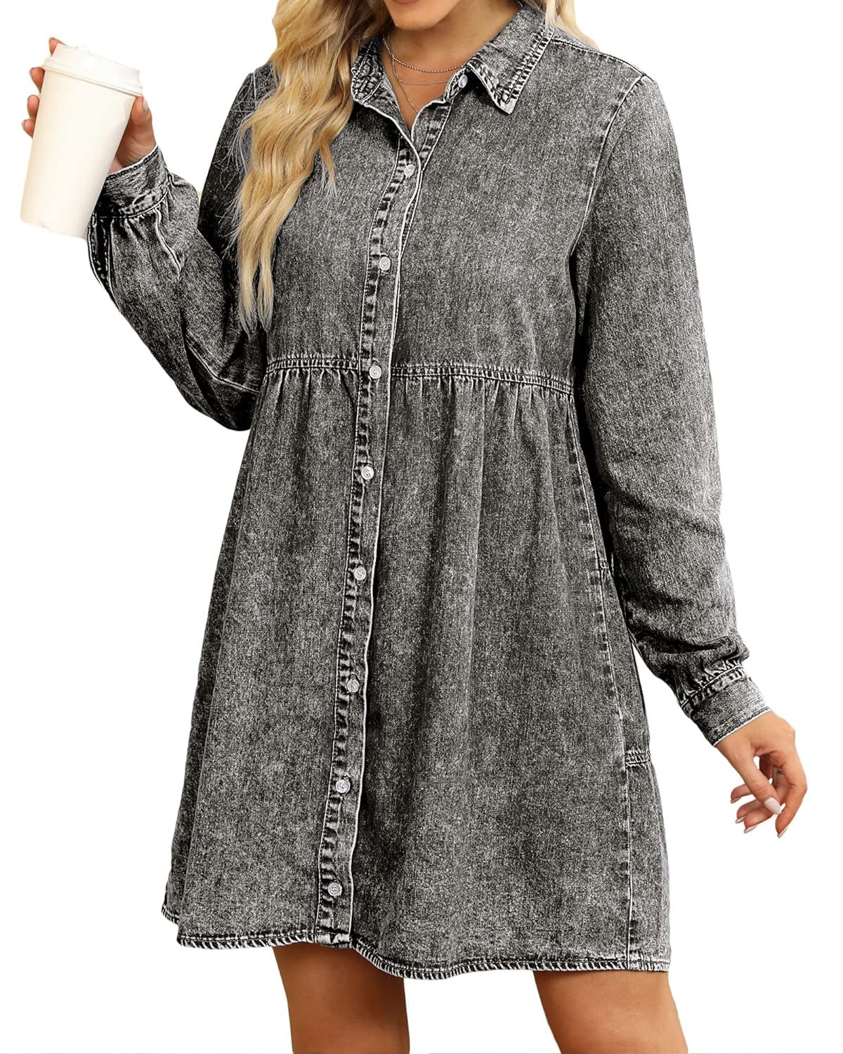 luvamia Denim Dress for Women Babydoll Flowy Cute Jean Shirt Dresses Long Sleeves