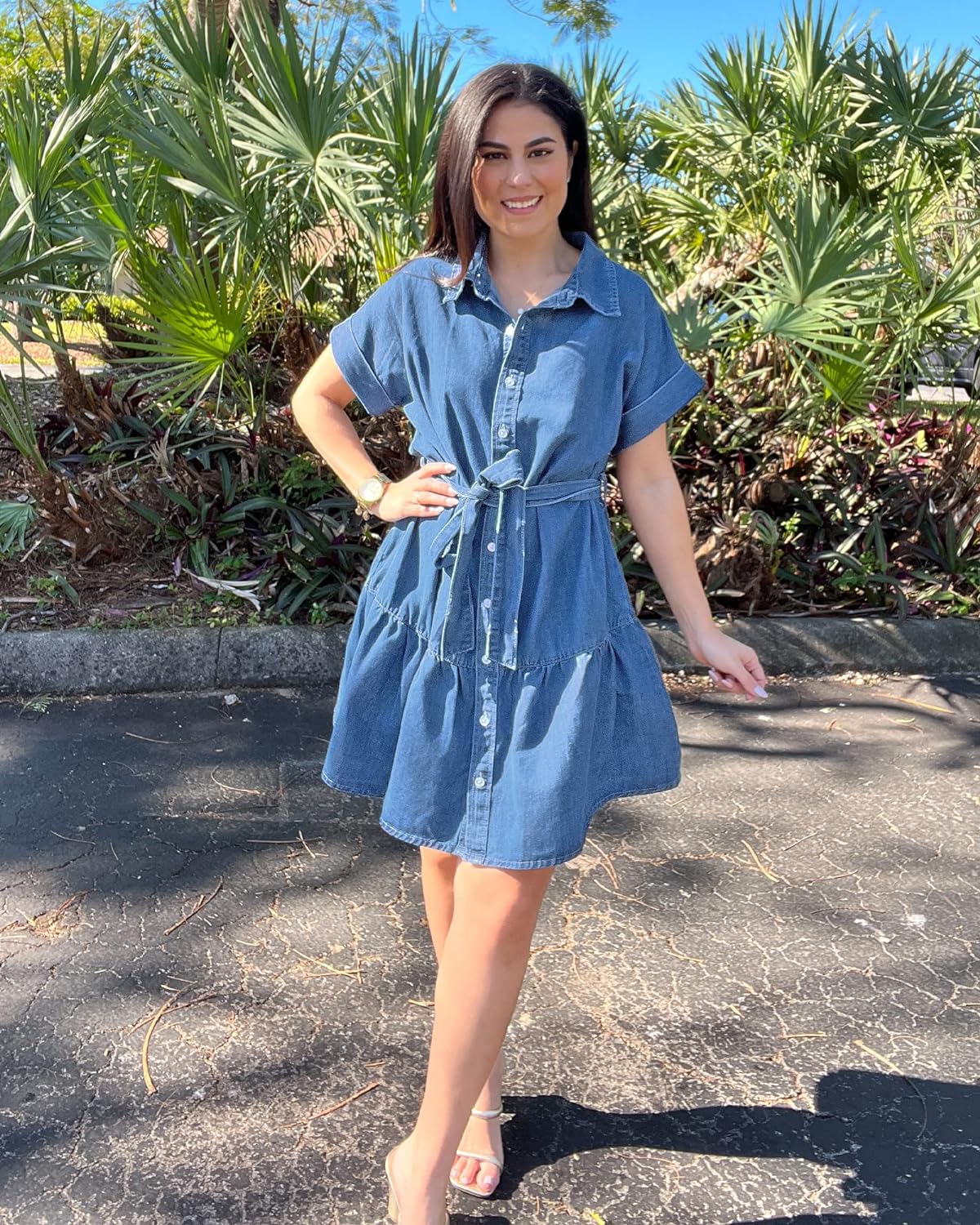 GRAPENT Denim Dress for Women Summer Button Down Belted Short Dresses Flowy Western Casual Jean Dress