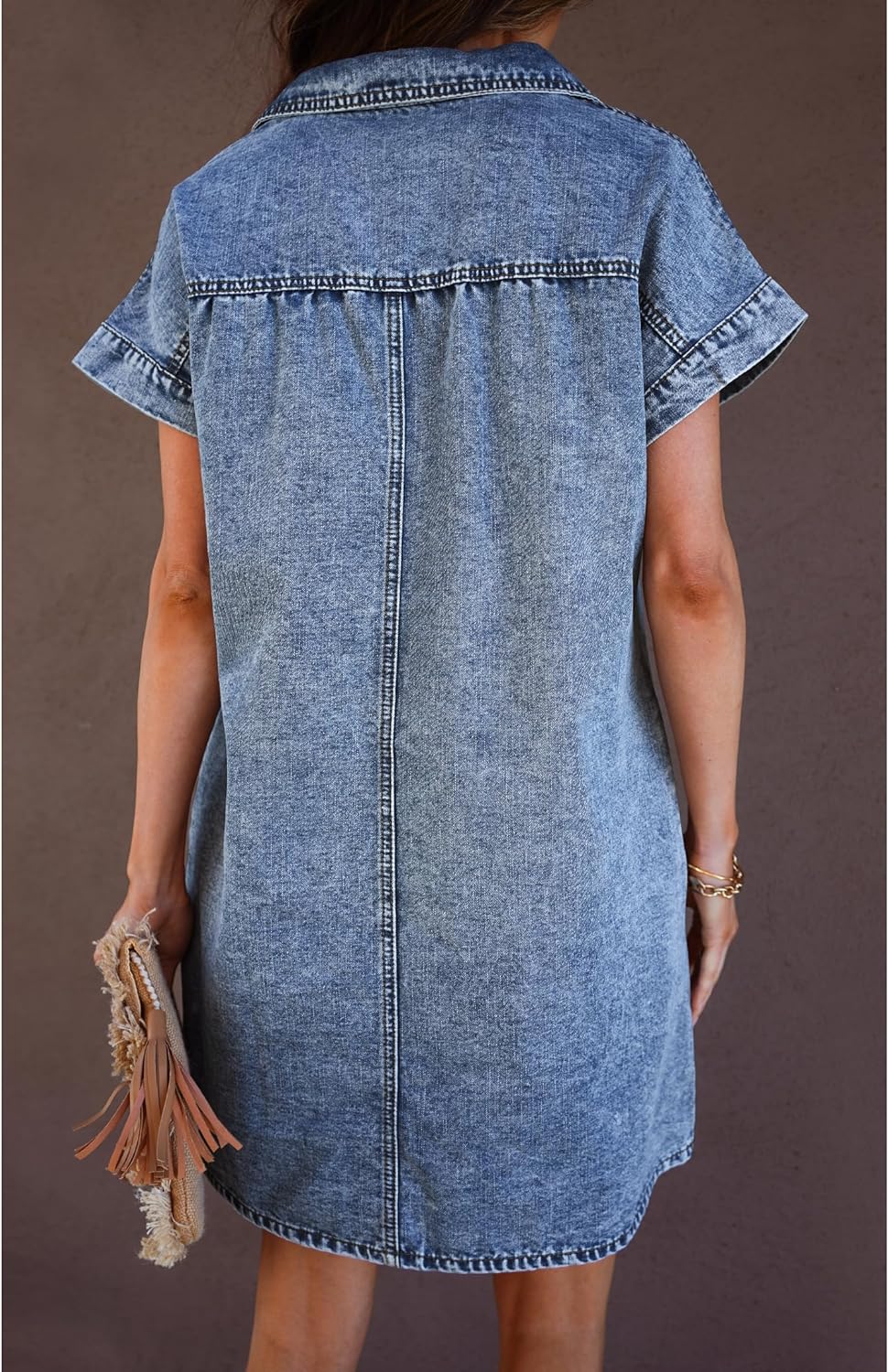 luvamia Denim Dress for Women Summer Short Sleeve Button Down Collared Pleated Western Jean Dresses with Pockets Relaxed