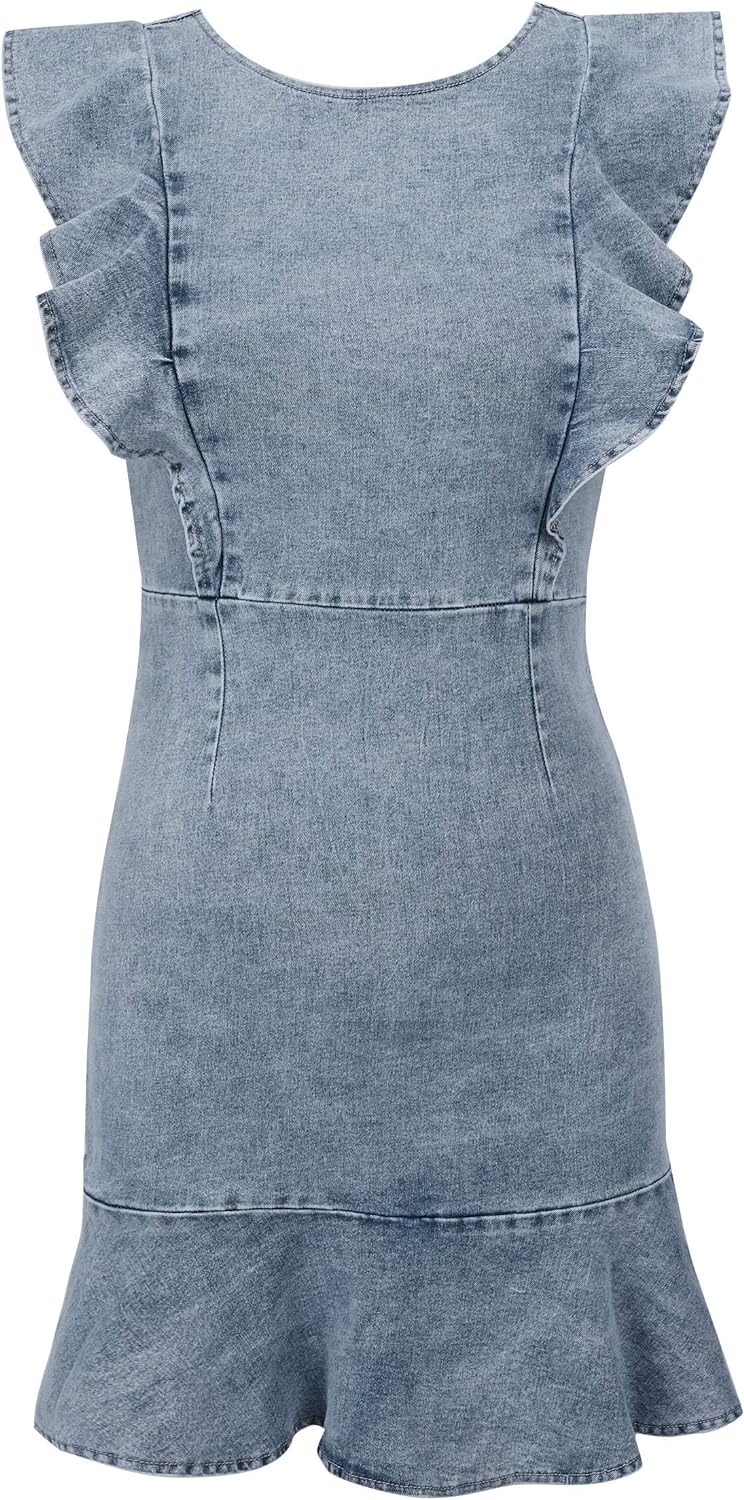 MYHALF Women's Casual Round Neck Ruffle Trim Sleeveless Denim A Line Mini Dress
