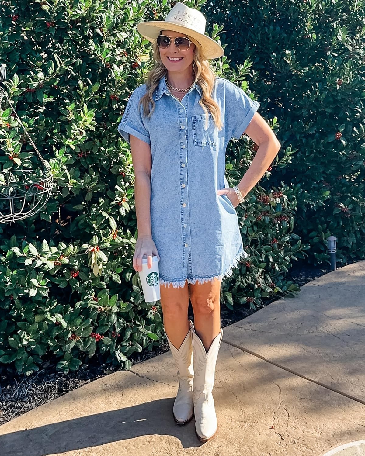 luvamia Denim Dress for Women Button Down Short Sleeves Casual Summer Jean Shirt Dresses with Pockets Frayed Hem