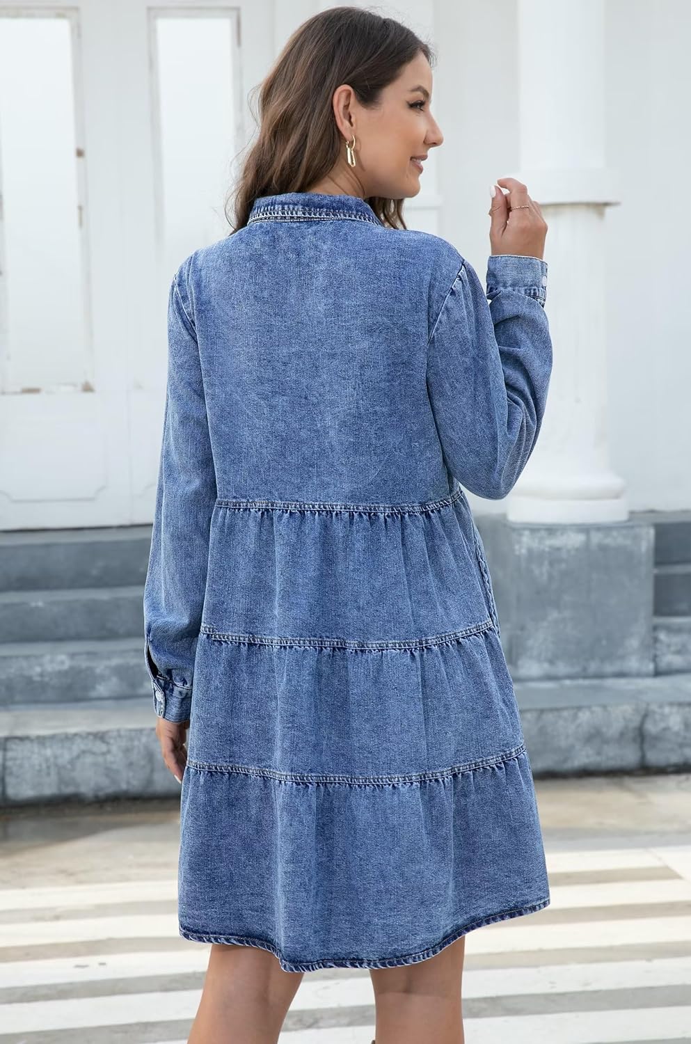 KDF Denim Dress for Women with Pockets Short Sleeve Babydoll Denim Shirt Dresses for Women 2023