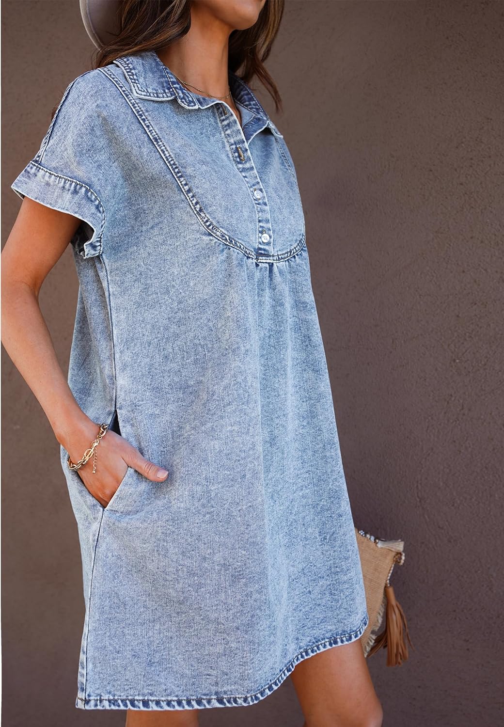 luvamia Denim Dress for Women Summer Short Sleeve Button Down Collared Pleated Western Jean Dresses with Pockets Relaxed