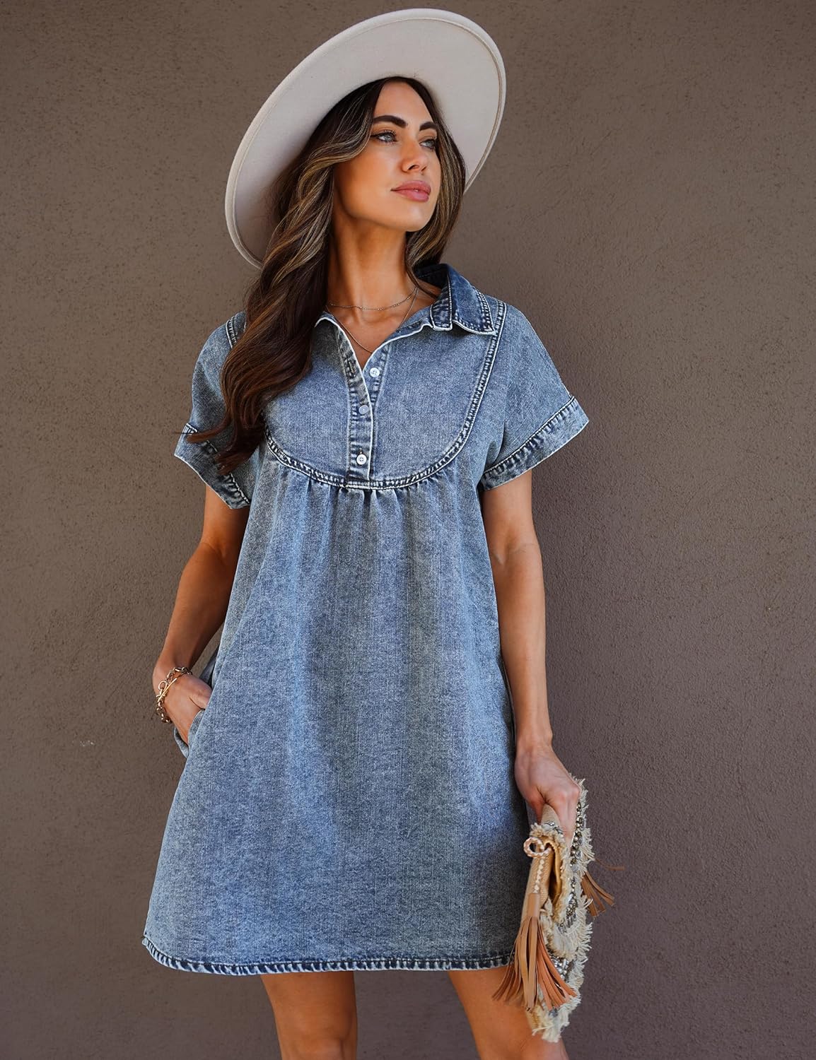 luvamia Denim Dress for Women Summer Short Sleeve Button Down Collared Pleated Western Jean Dresses with Pockets Relaxed
