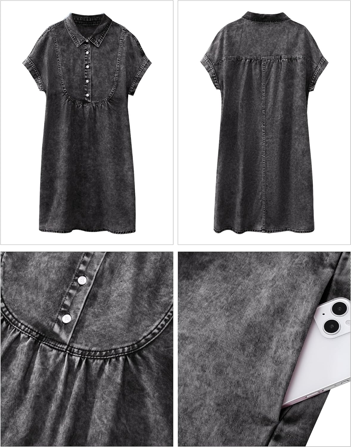 luvamia Denim Dress for Women Summer Short Sleeve Button Down Collared Pleated Western Jean Dresses with Pockets Relaxed