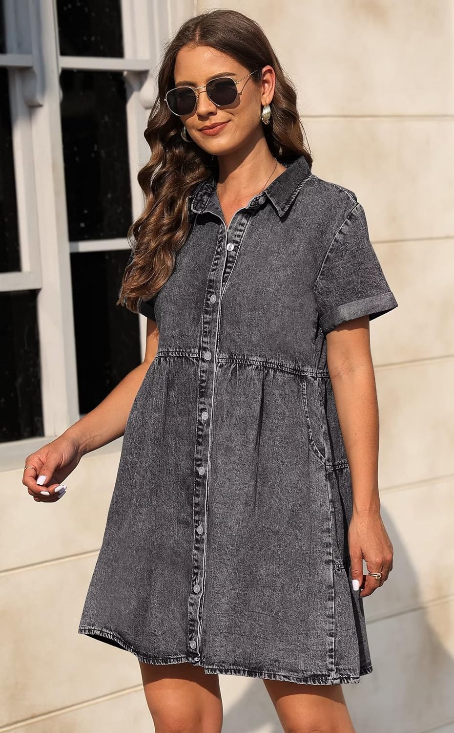 KDF Denim Dress for Women with Pockets Short Sleeve Babydoll Denim Shirt Dresses for Women 2023