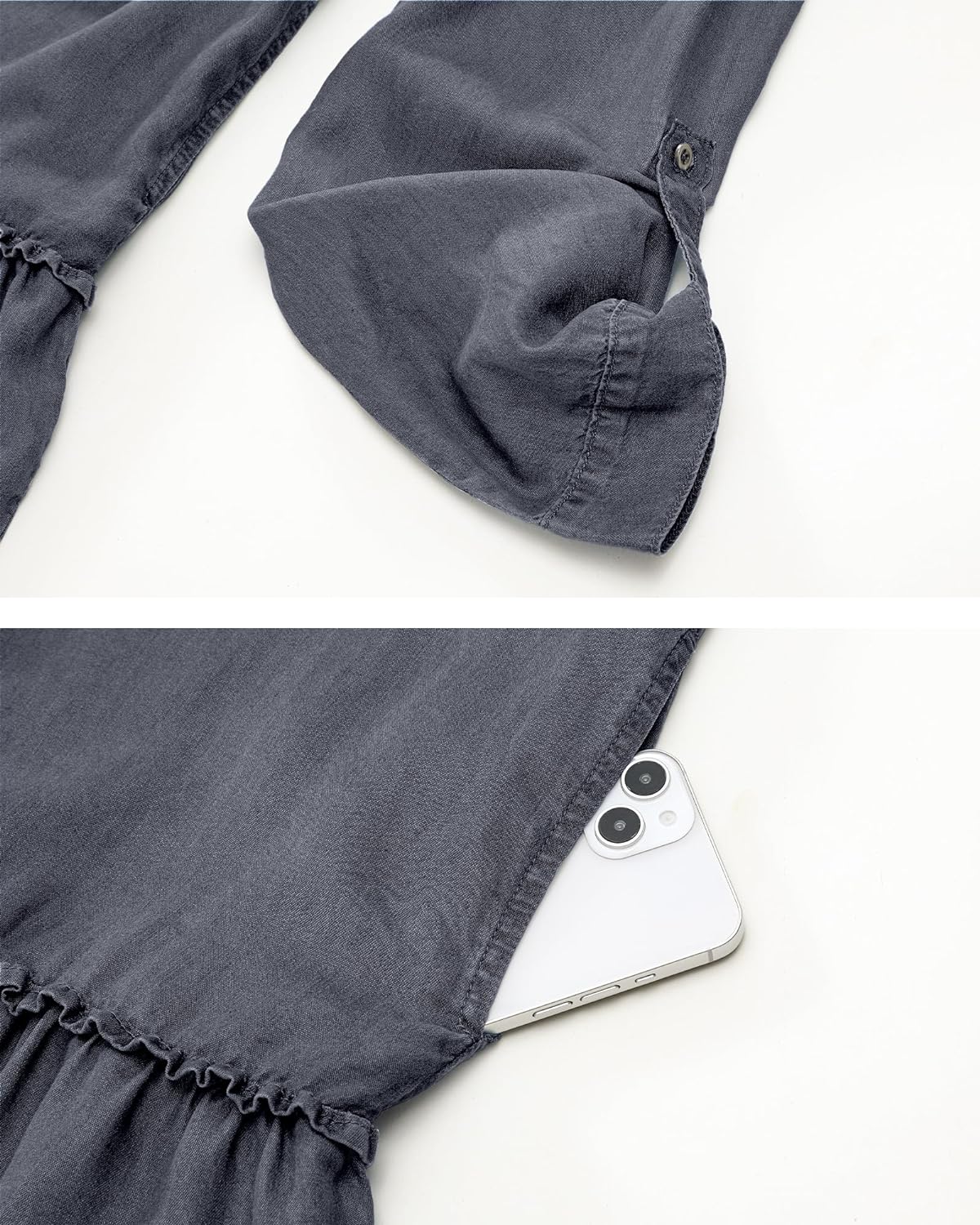 luvamia Denim Dress for Women Long Sleeve Shift Button Down Ruffle Jean Dresses Chambray Western Short Dresses Pockets