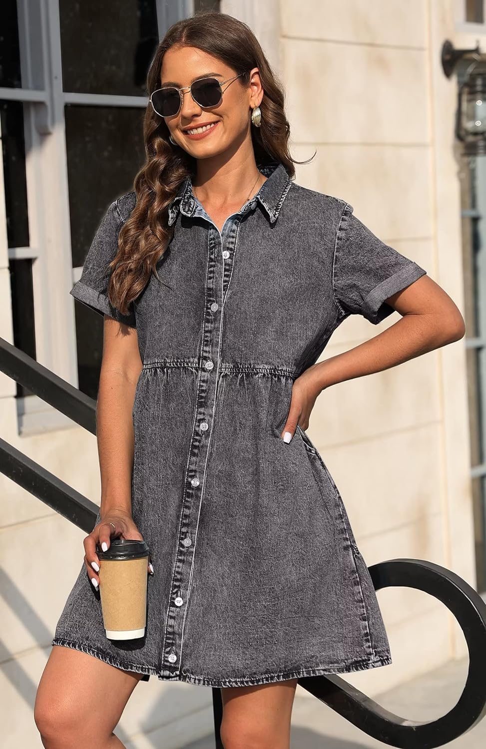 KDF Denim Dress for Women with Pockets Short Sleeve Babydoll Denim Shirt Dresses for Women 2023