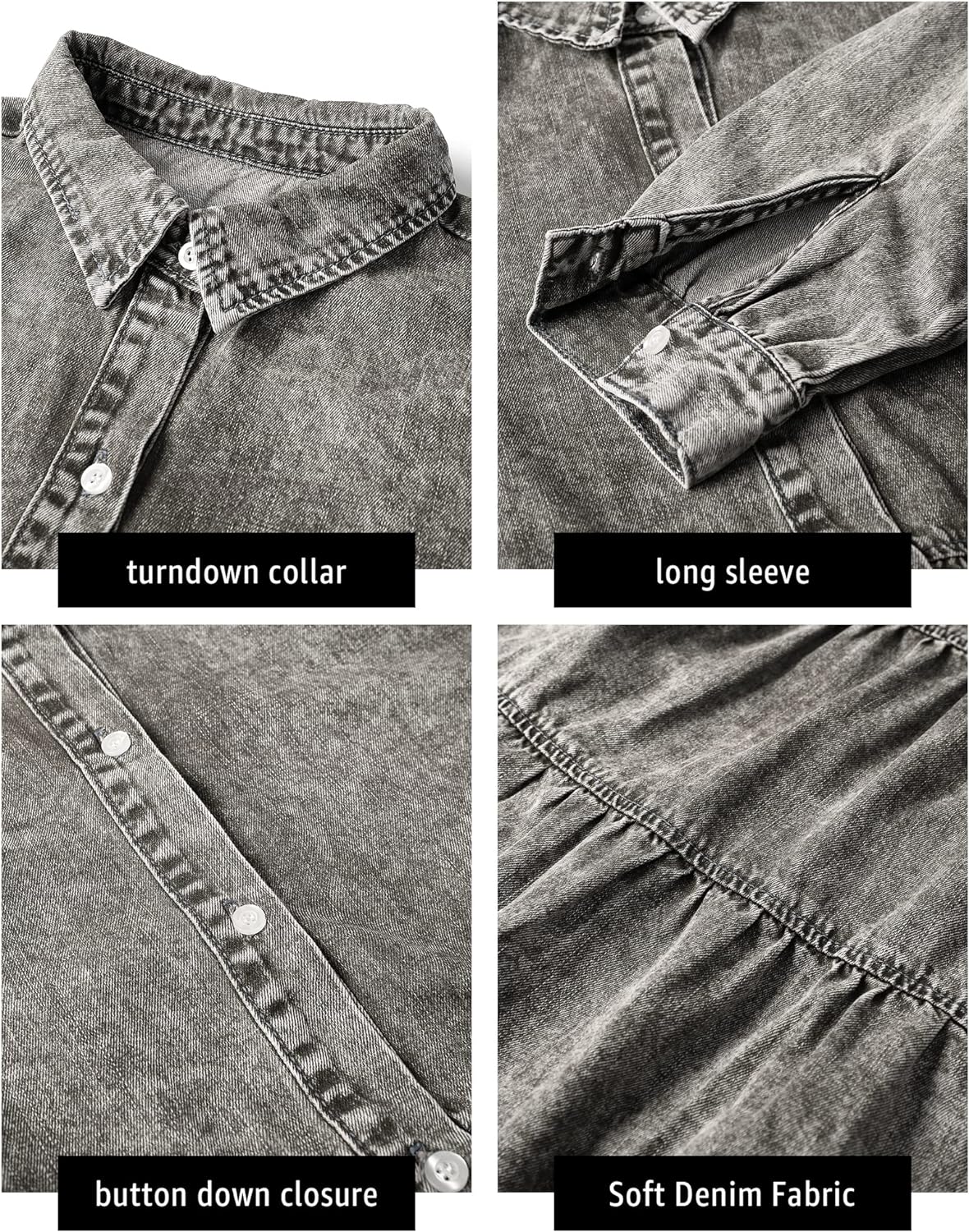 luvamia Denim Dress for Women Babydoll Flowy Cute Jean Shirt Dresses Long Sleeves