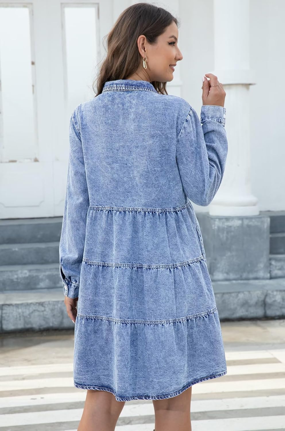 KDF Denim Dress for Women with Pockets Short Sleeve Babydoll Denim Shirt Dresses for Women 2023