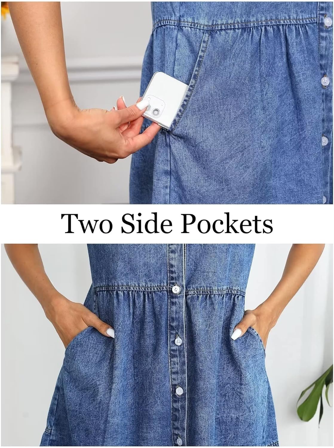 KDF Denim Dress for Women with Pockets Short Sleeve Babydoll Denim Shirt Dresses for Women 2023